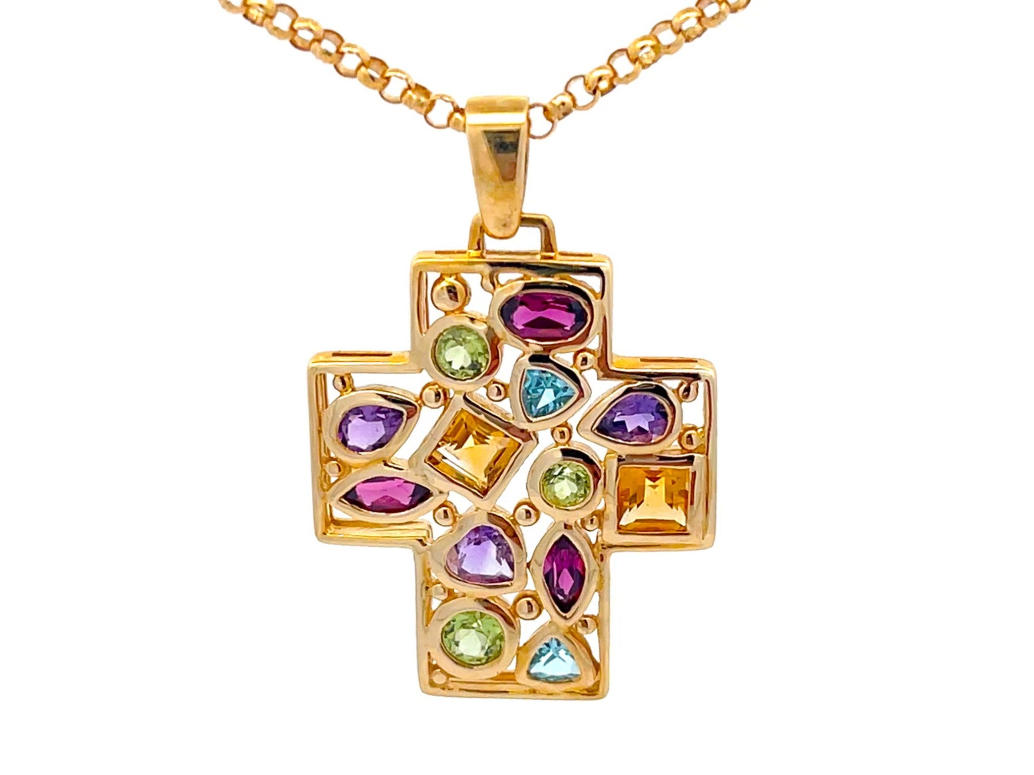 Multi Colored Gemstone Cross Necklace in 14k Yellow Gold