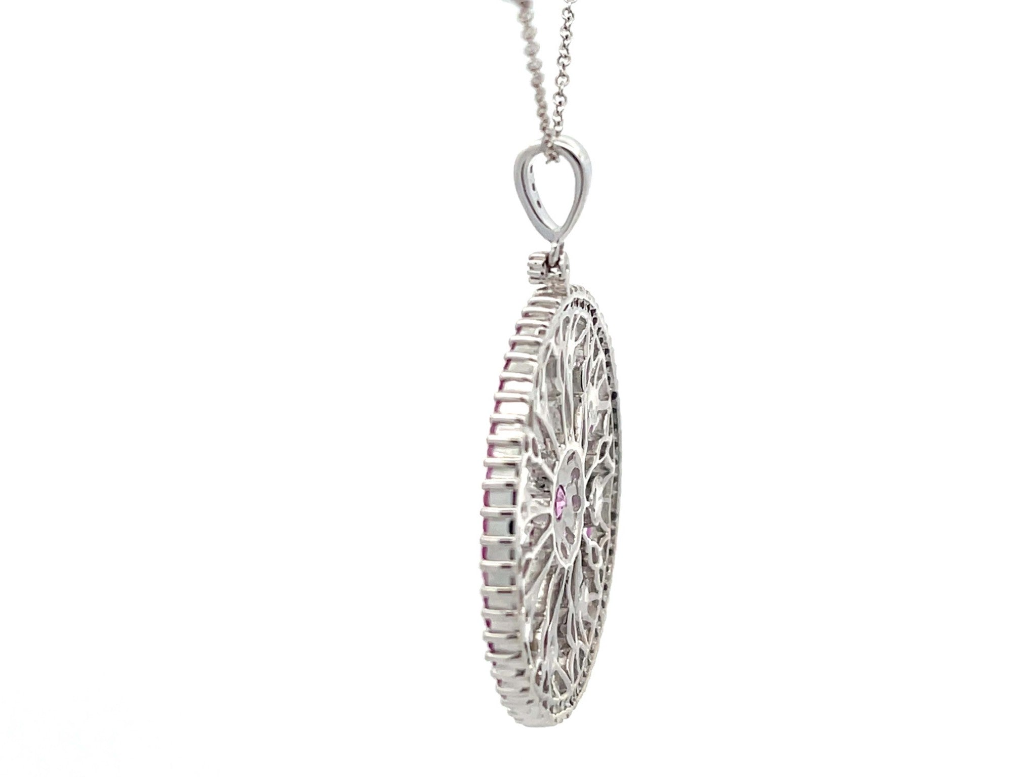 Pink Sapphire and Diamond Circle Pendant and Chain in 14k White Gold