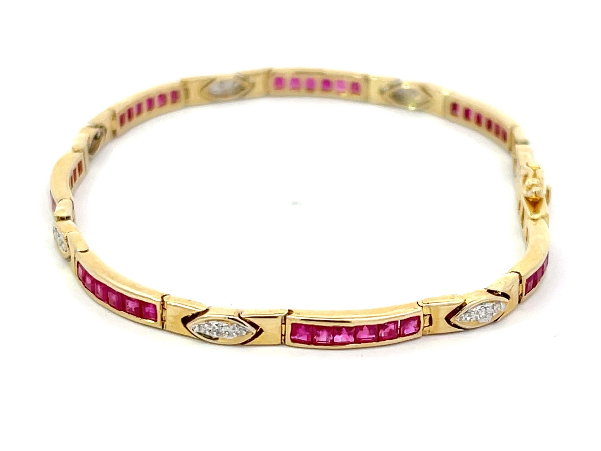 Princess Cut Red Ruby and Diamond Link Bracelet in 14k Yellow Gold