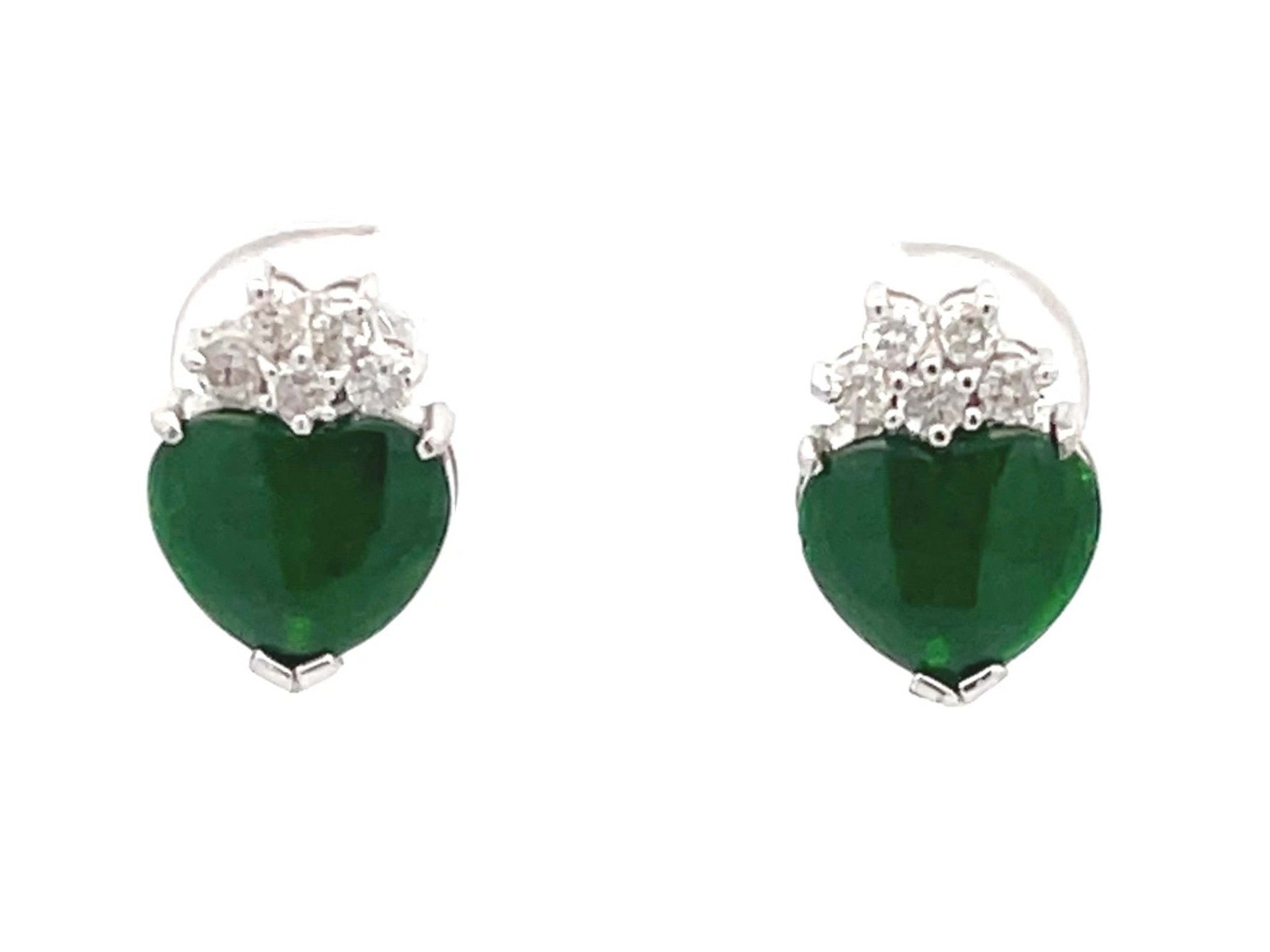 Imperial Jade Heart and Diamond Stud Earrings in 18K White Gold