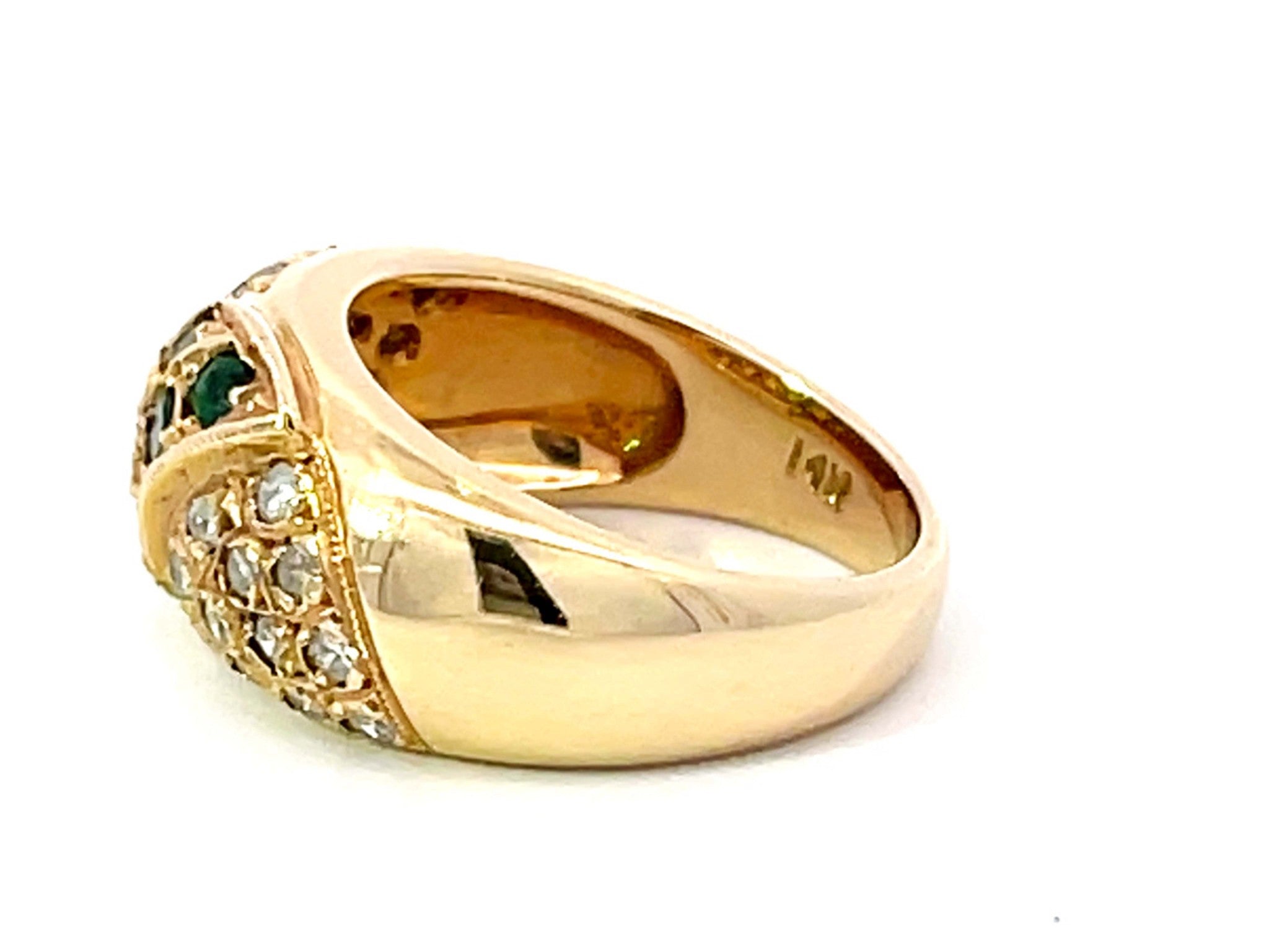 Green Emerald and Diamond Studded Dome Ring in 14k Yellow Gold