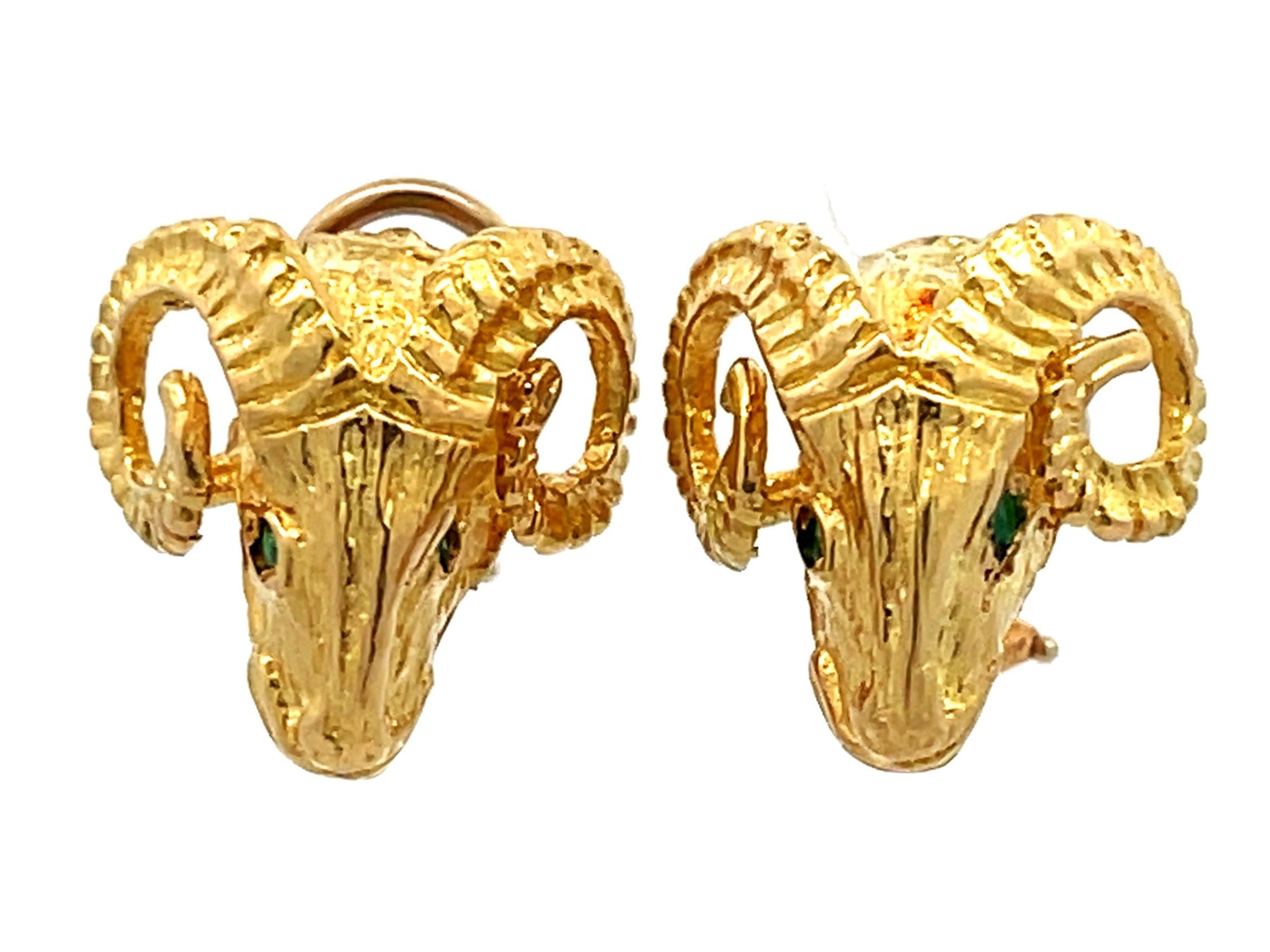 Ram Head Emerald Eye Huggie Earrings in 14K Yellow Gold