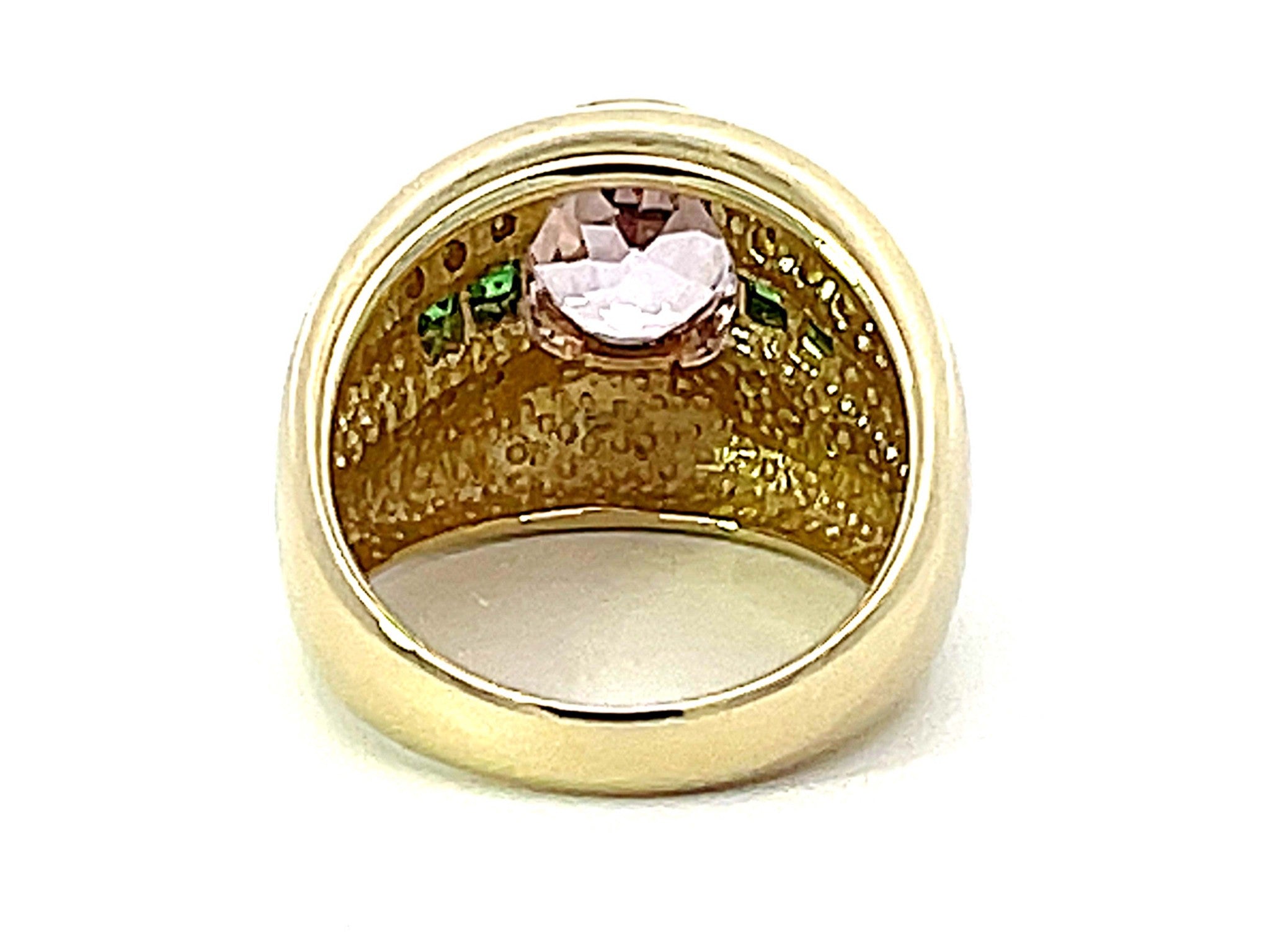 Pink Kunzite Green Tsavorite Garnet Diamond Cigar Band Ring in 14k Yellow Gold