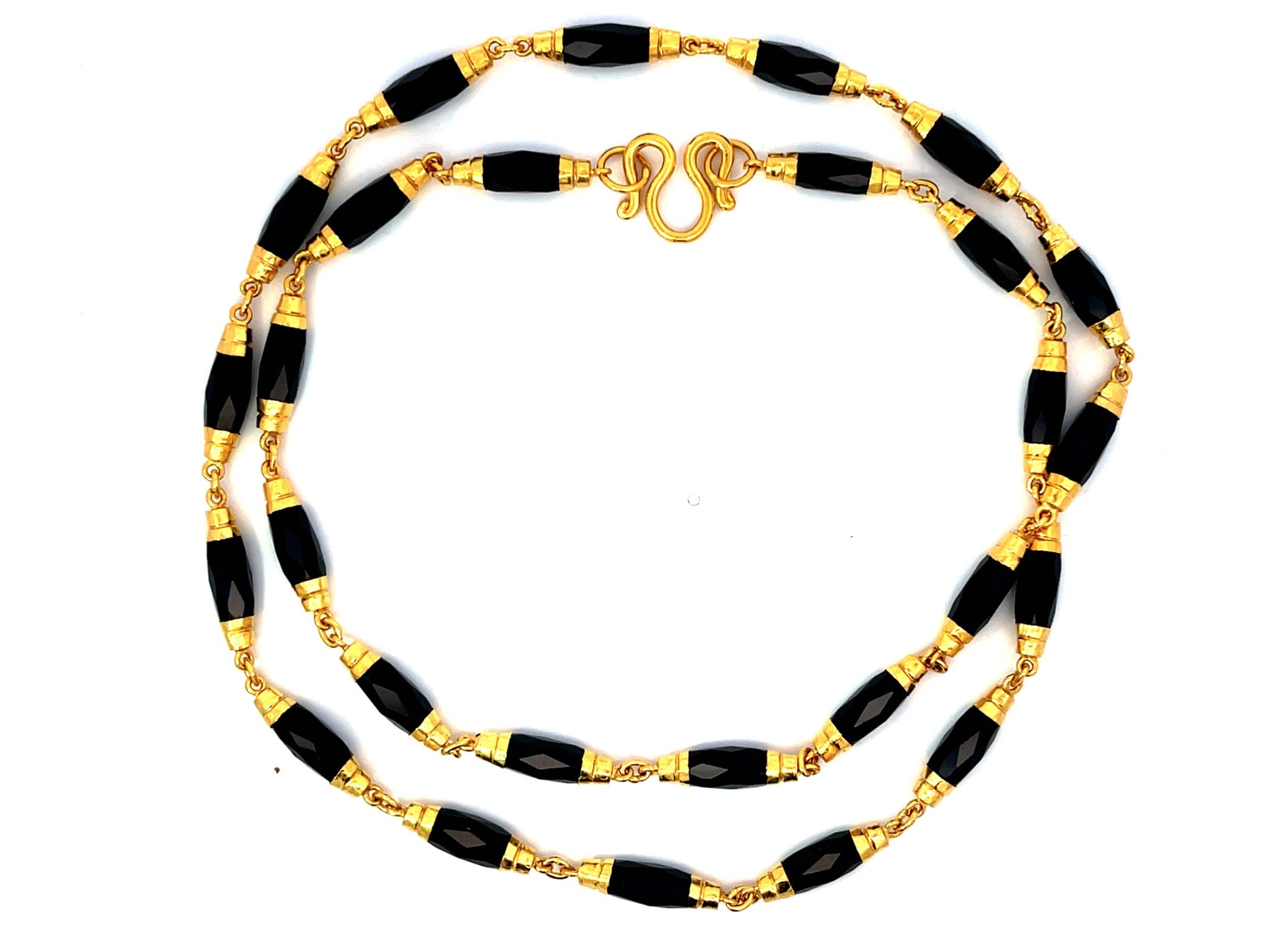 Faceted Black Onyx Gold Beaded Necklace 22k Yellow Gold