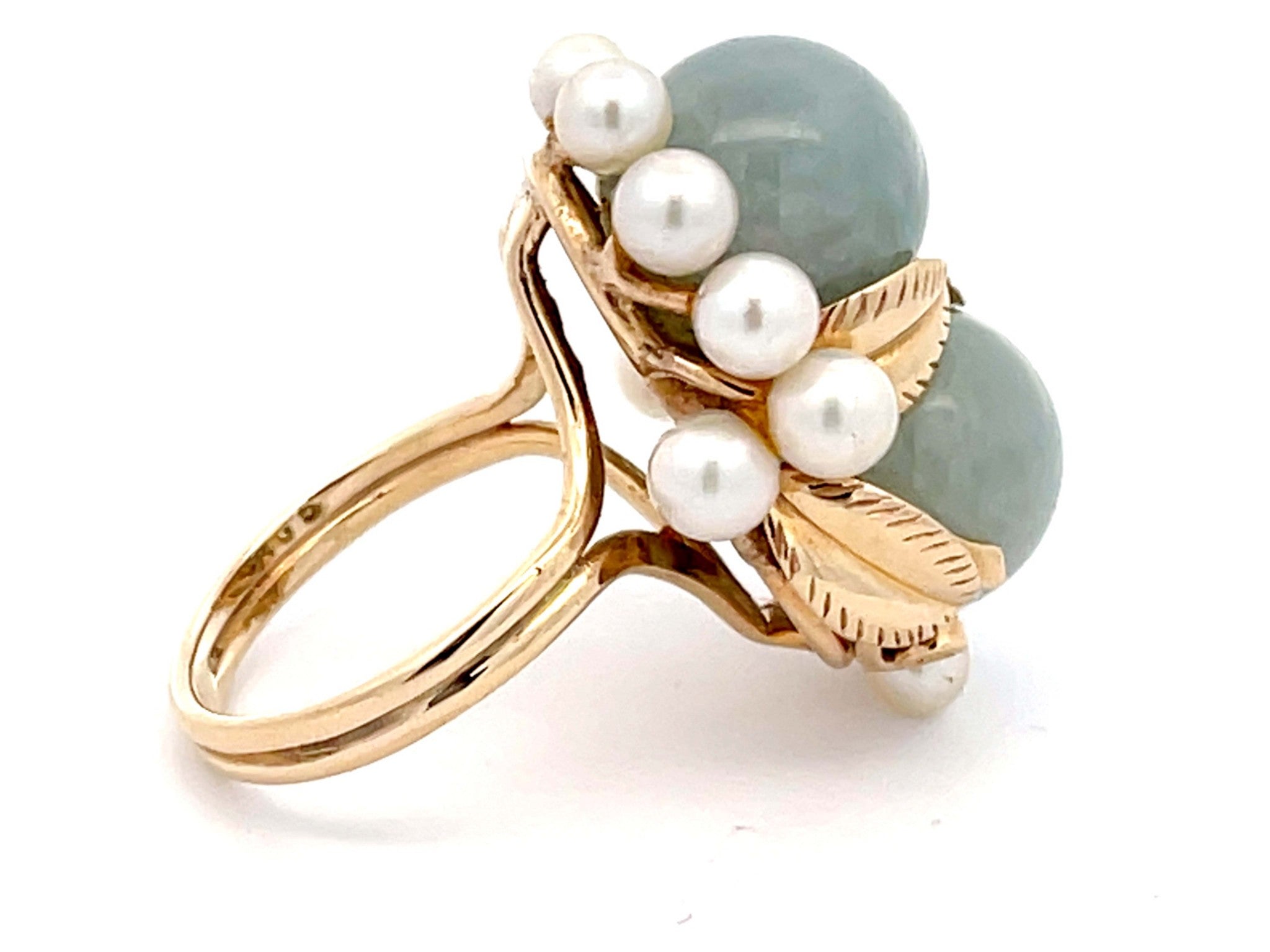 Mings Double Jade Ball and Pearl Leaf Design Ring in 14k Yellow Gold