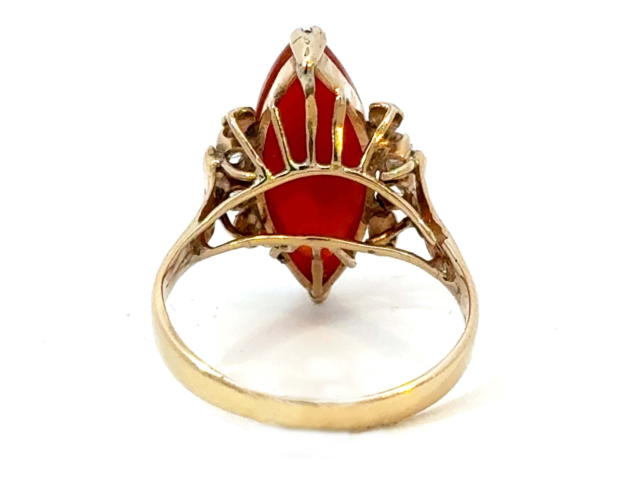 Marquise Red Jade Diamond Ring 14k Yellow Gold