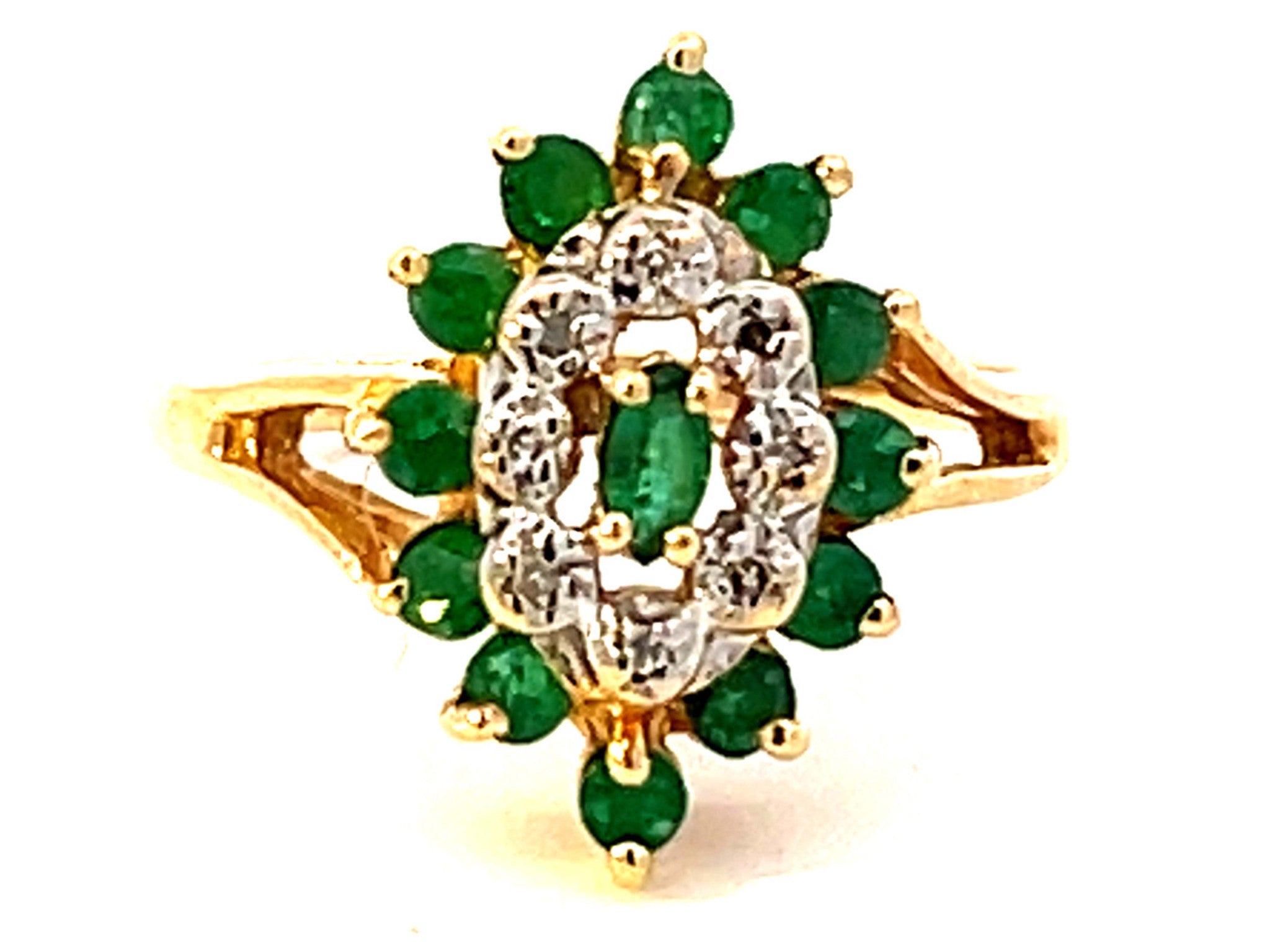 Emerald Halo and Diamond Ring in 14k Yellow Gold
