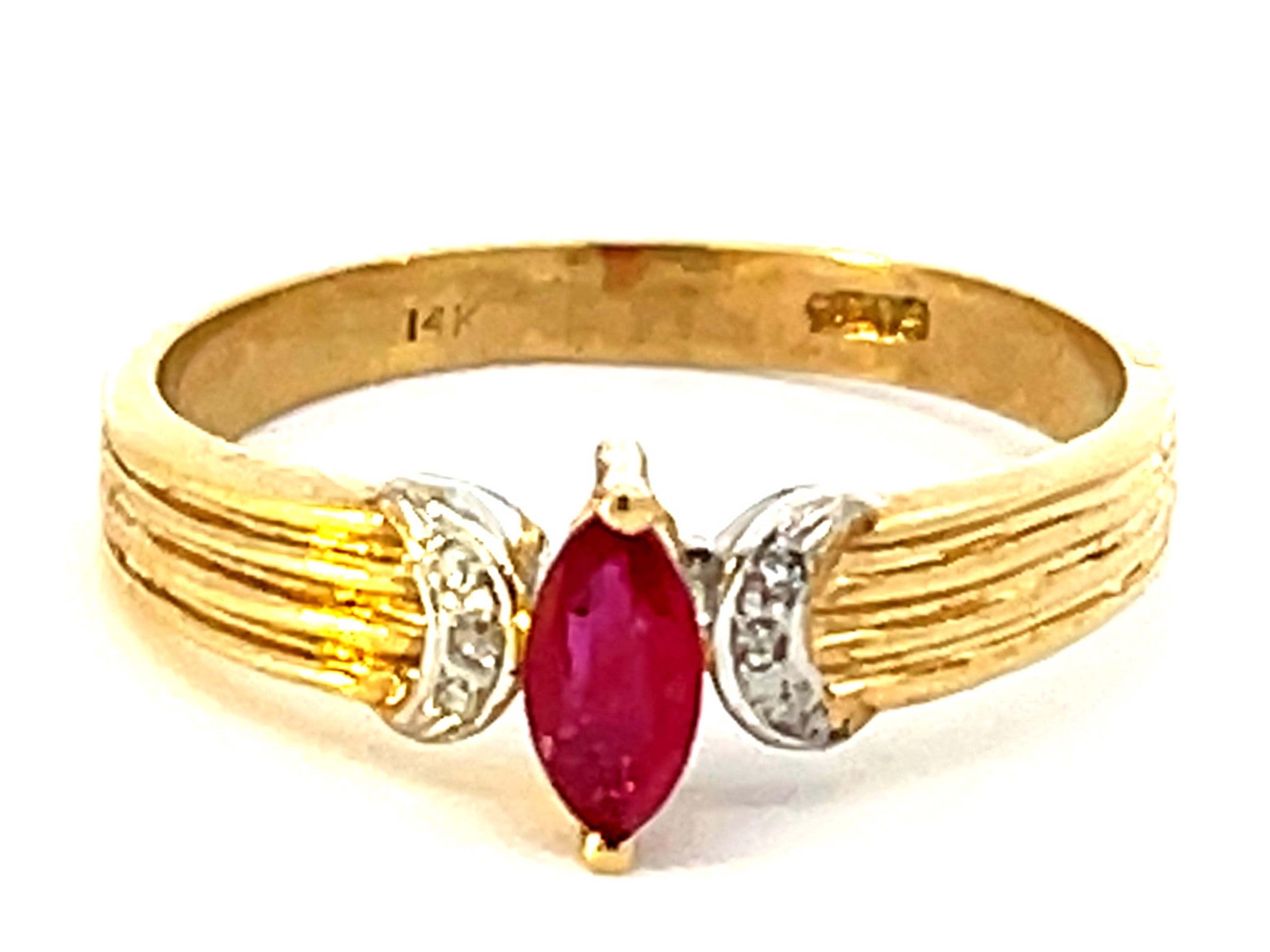 Red Ruby and Diamond Band Ring in 14k Yellow Gold