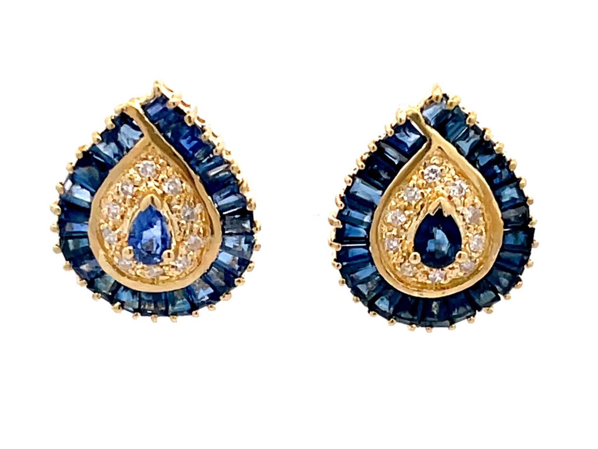 Pear Shaped Sapphire Halo and Diamond Stud Earrings in 18k Yellow Gold
