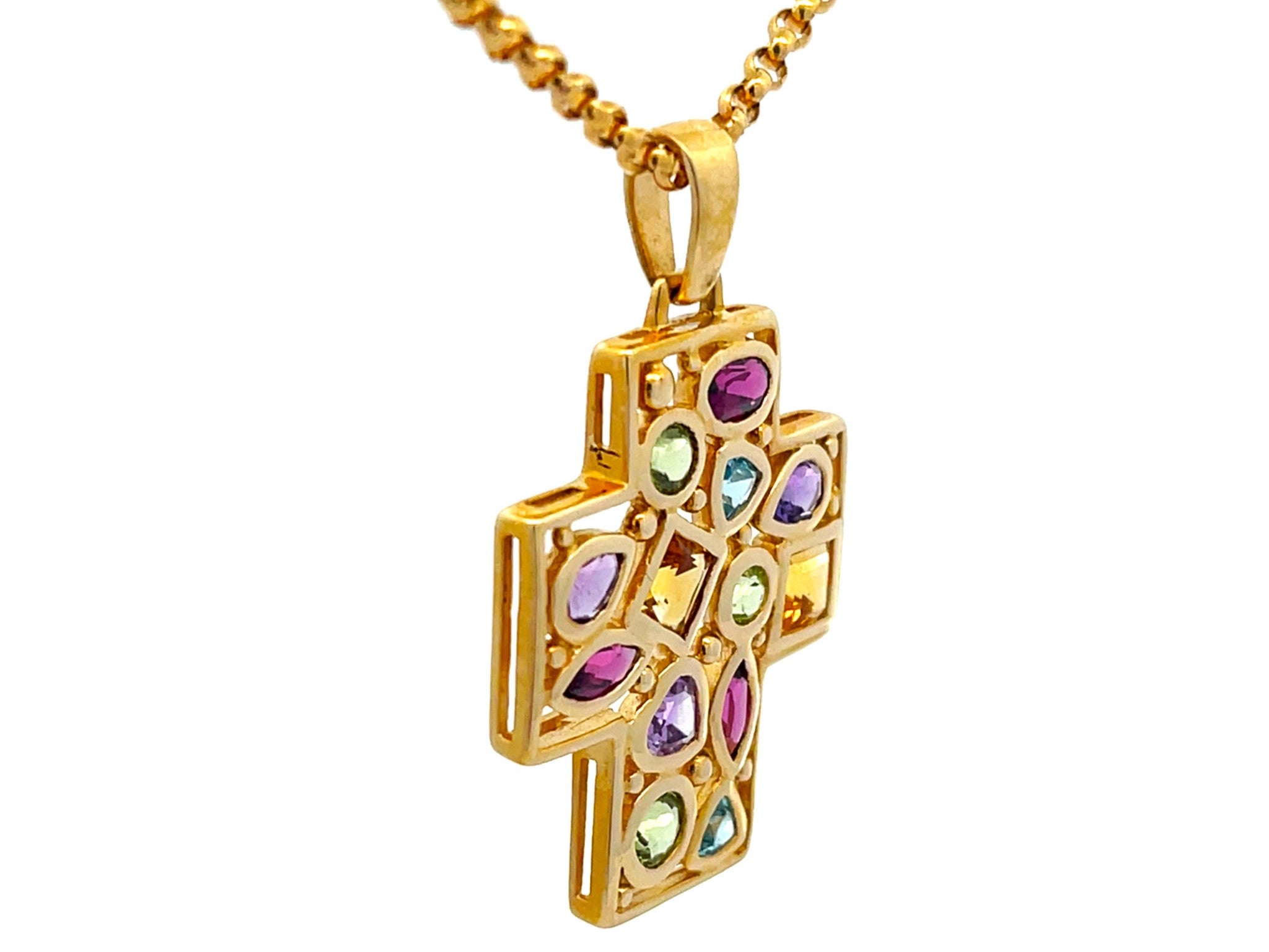 Multi Colored Gemstone Cross Necklace in 14k Yellow Gold