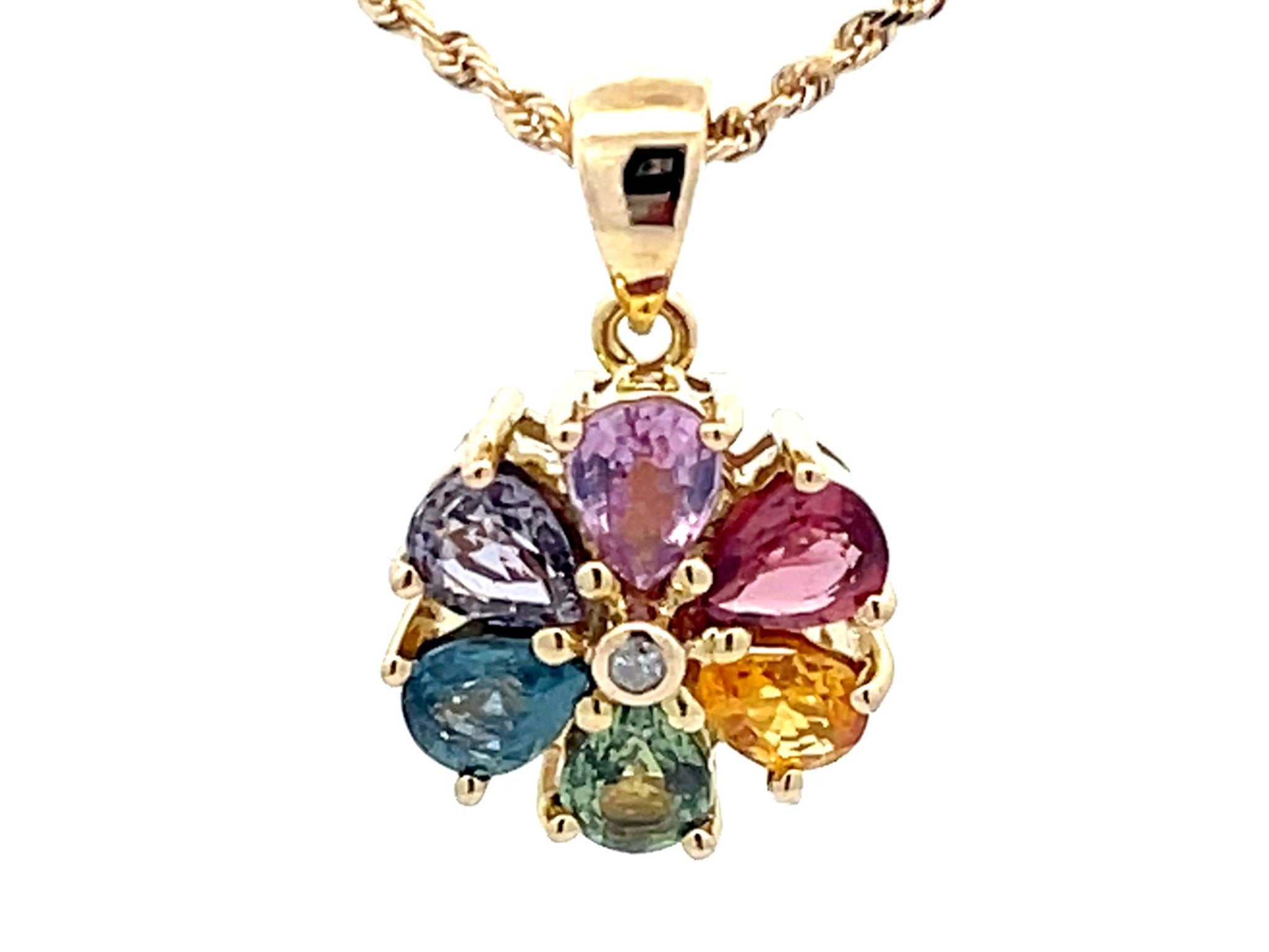 Multi Colored Sapphire and Diamond Flower Pendant and Rope Chain in 14k Gold