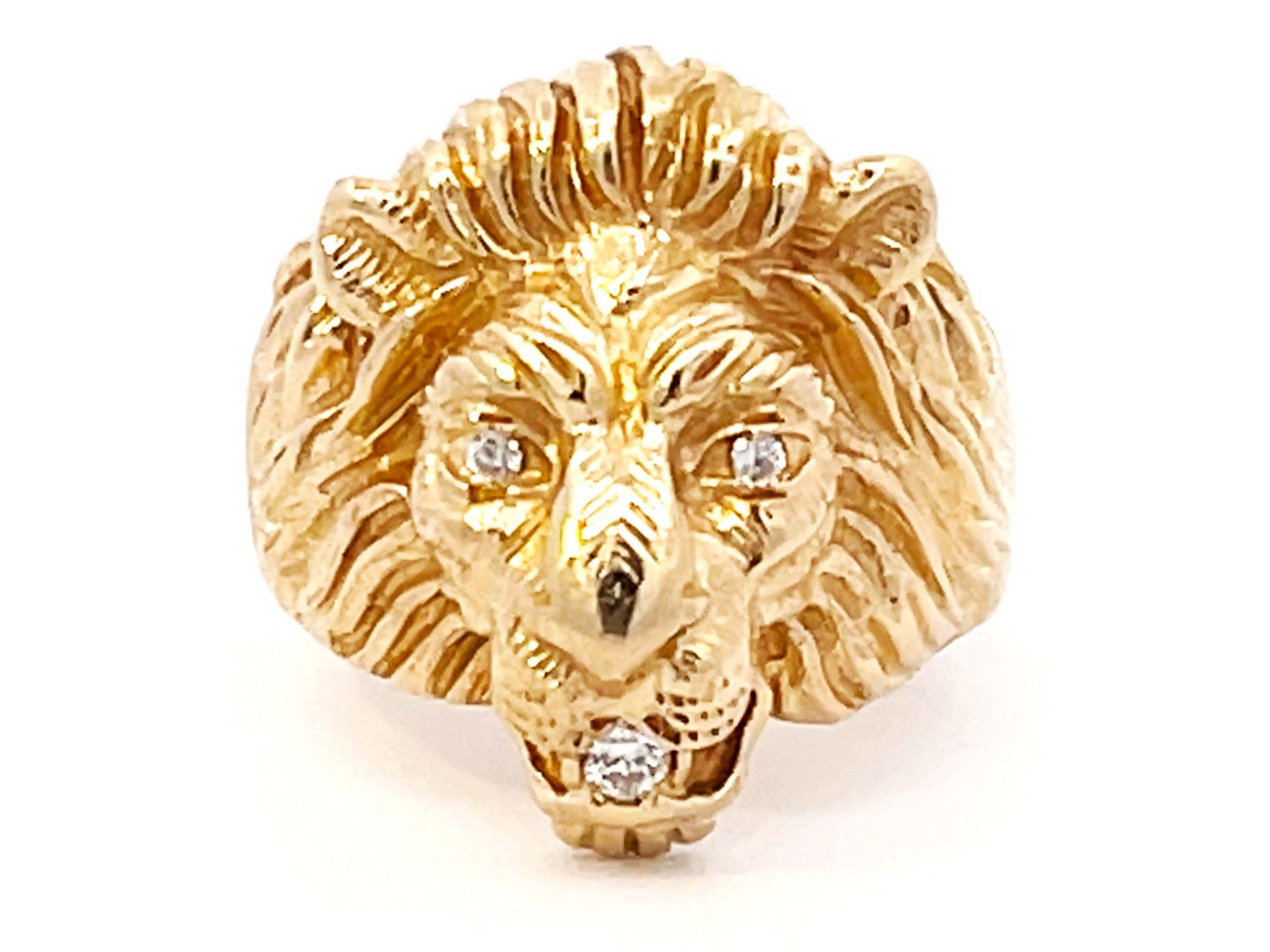 Lion Head Diamond Ring 14K Yellow Gold\
