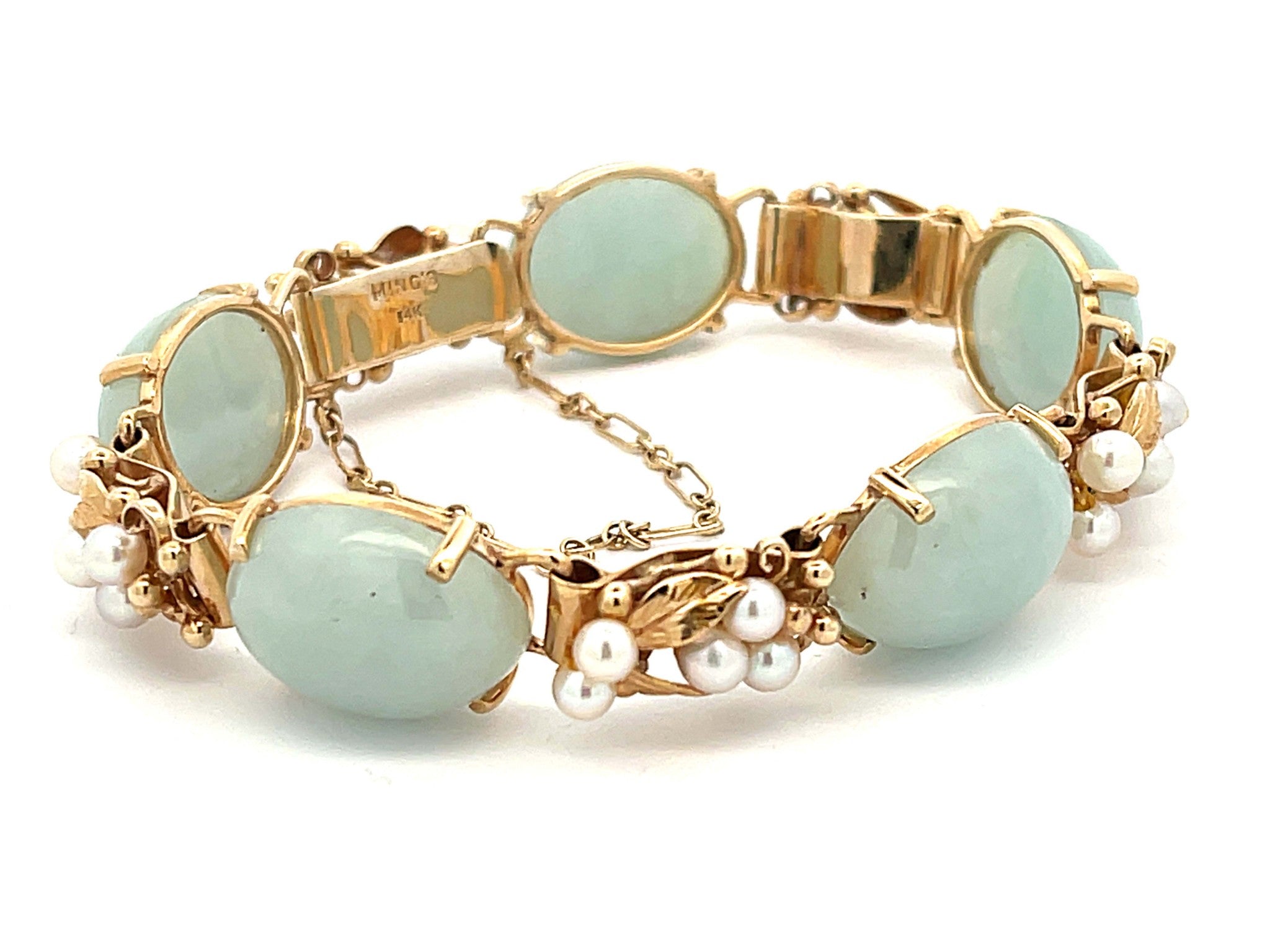 Mings Hawaii Oval Jade and Pearl Leaf Bracelet in 14K Yellow Gold