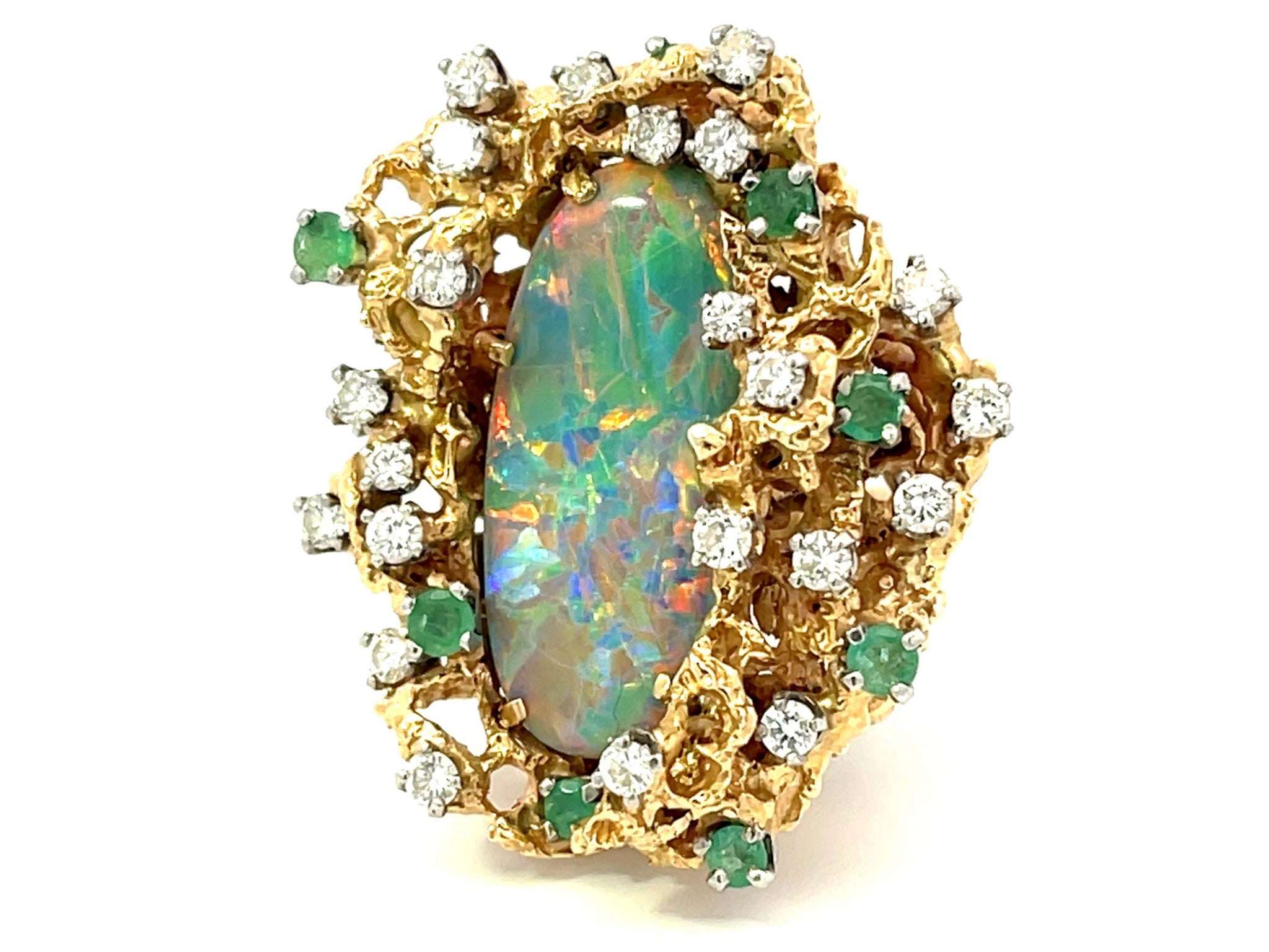 Large Australian Lightning Ridge Opal, Emerald, Diamond Ring in 14k Yellow Gold
