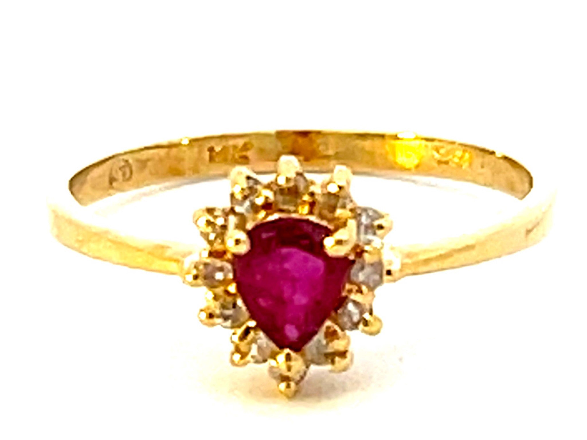 Pear Shaped Red Ruby and Diamond Halo Ring in 14k Yellow Gold