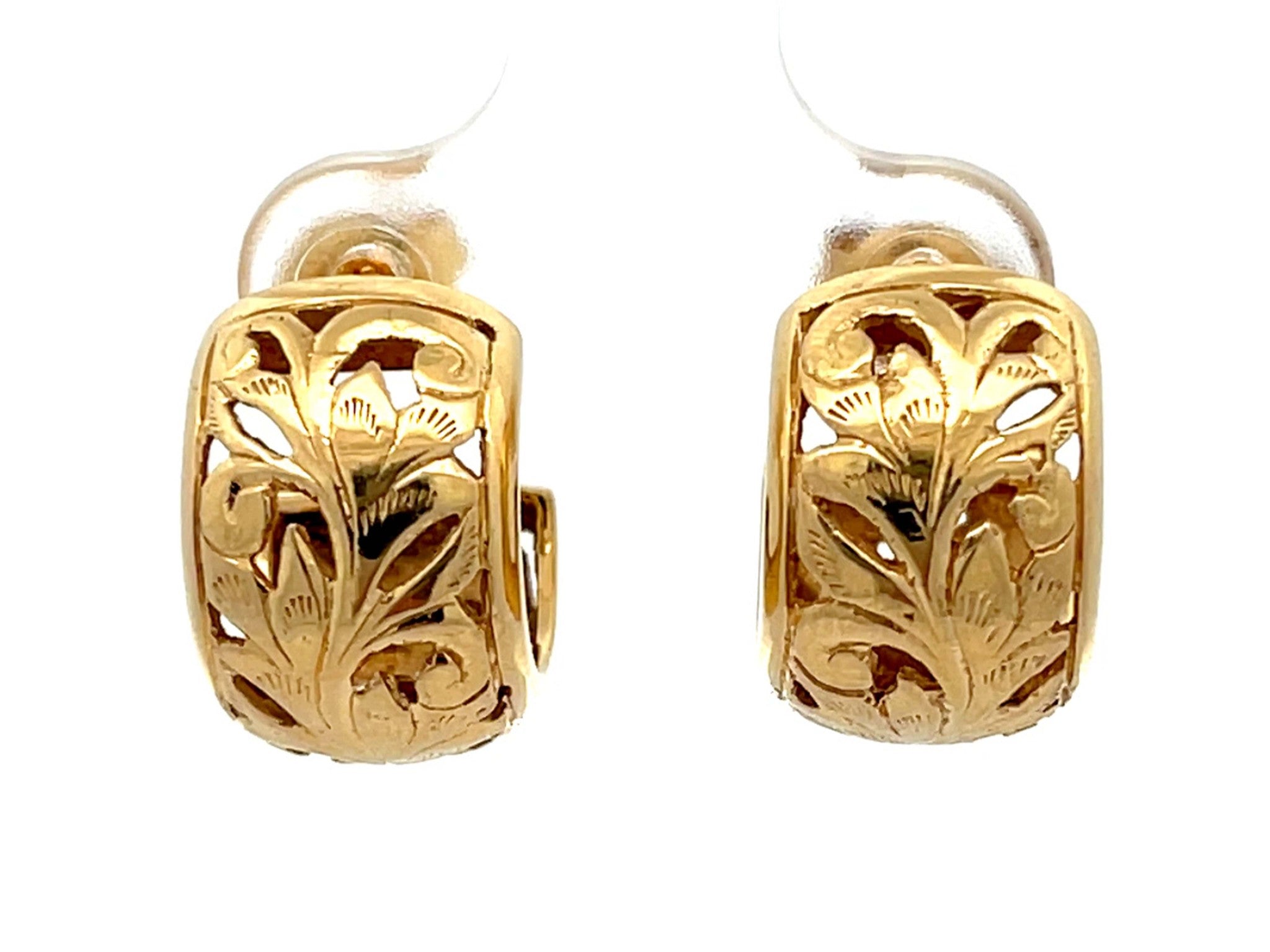 Mings Pierced Swirl Leaf Semi Hoop Earrings in 14k Yellow Gold