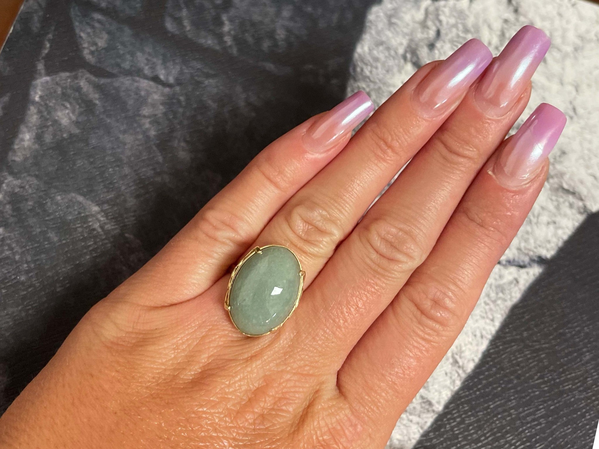 Mings Oval Cabochon Green Jade Ring 14k Yellow Gold