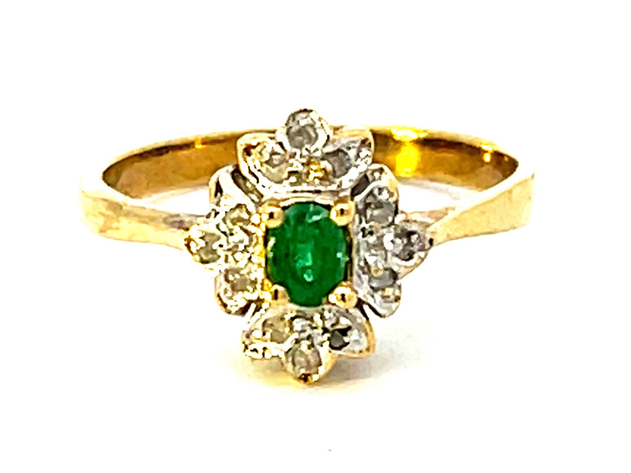 Emerald and Diamond Halo Ring in 14k Yellow Gold