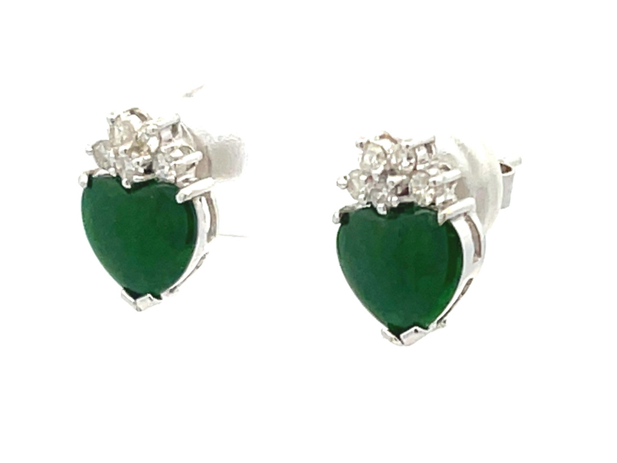 Imperial Jade Heart and Diamond Stud Earrings in 18K White Gold