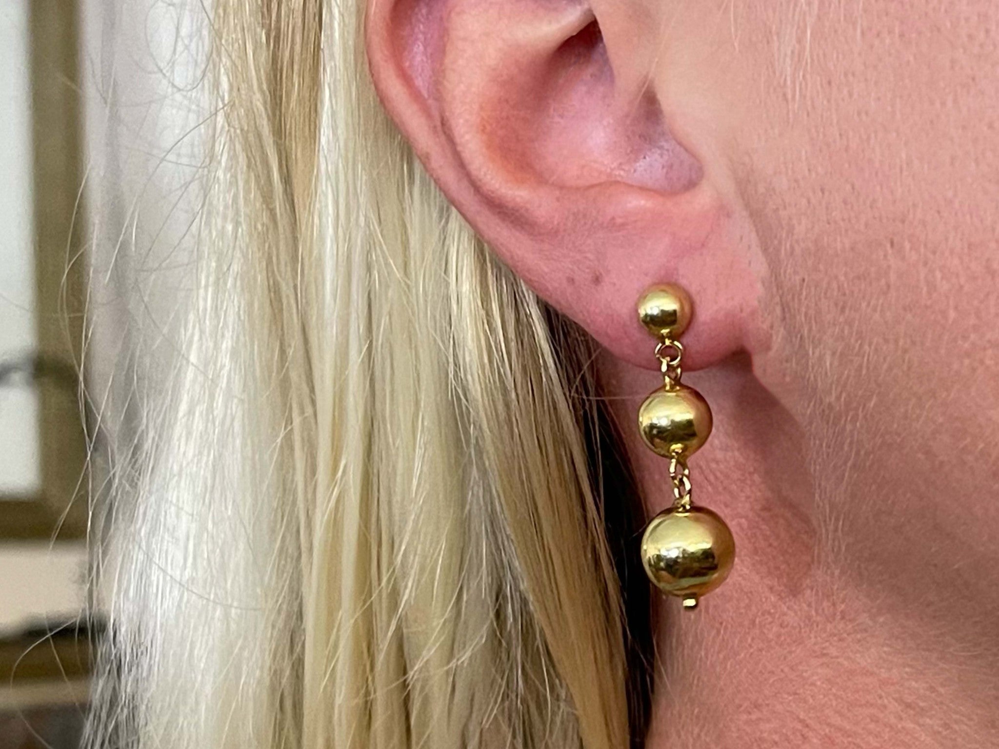Triple Round Bead Drop Dangly 18k Solid Gold Earrings