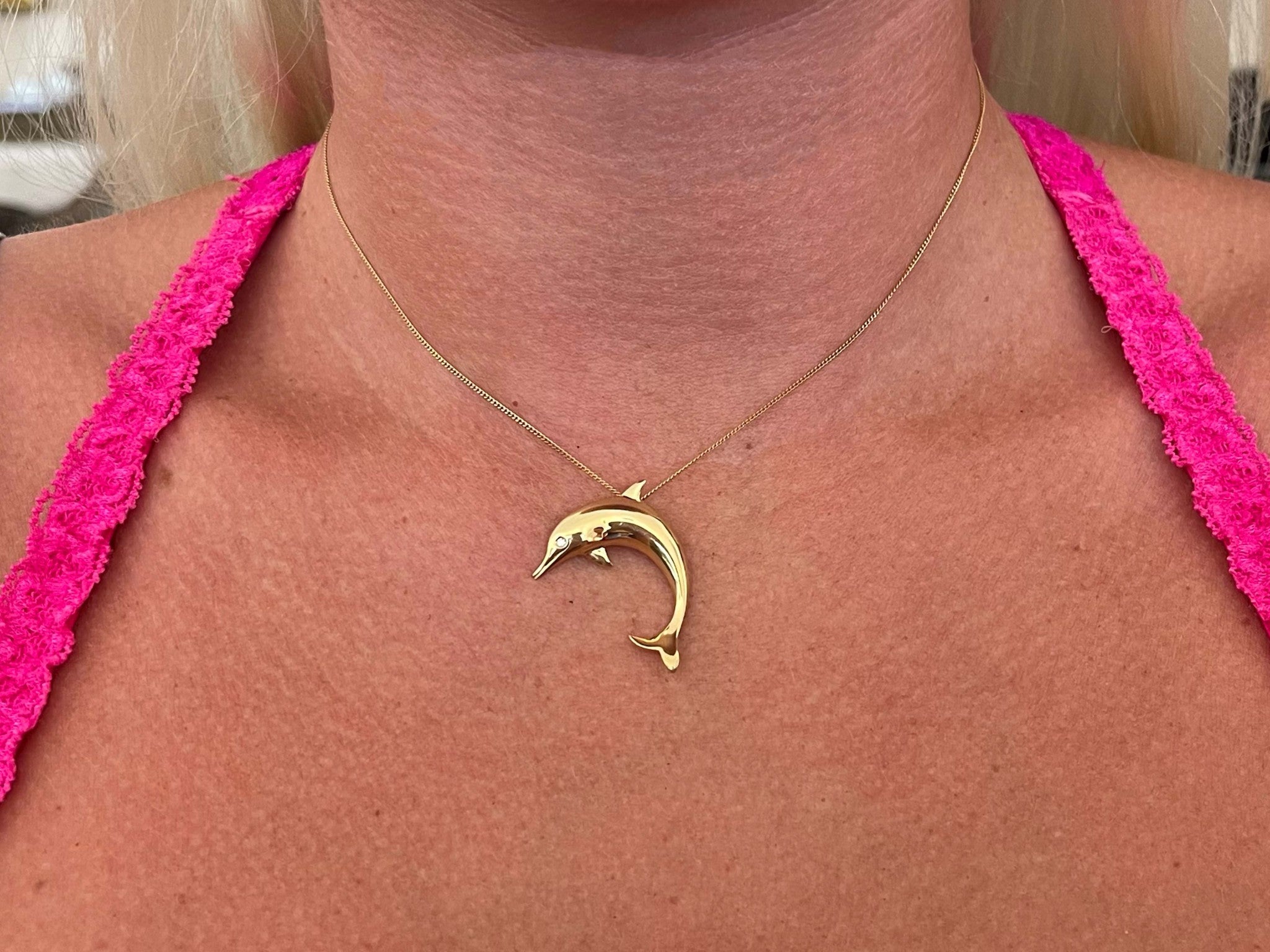 Dolphin Diamond Eye Necklace in 18k Yellow Gold
