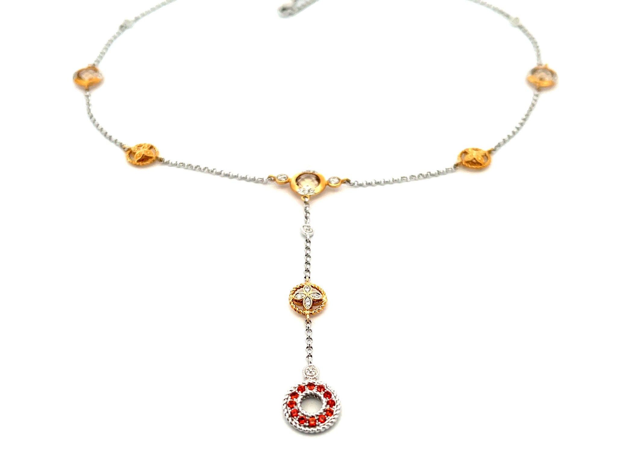 Mandarin Garnet Smokey Topaz and Diamond Necklace in 14k White and Yellow Gold