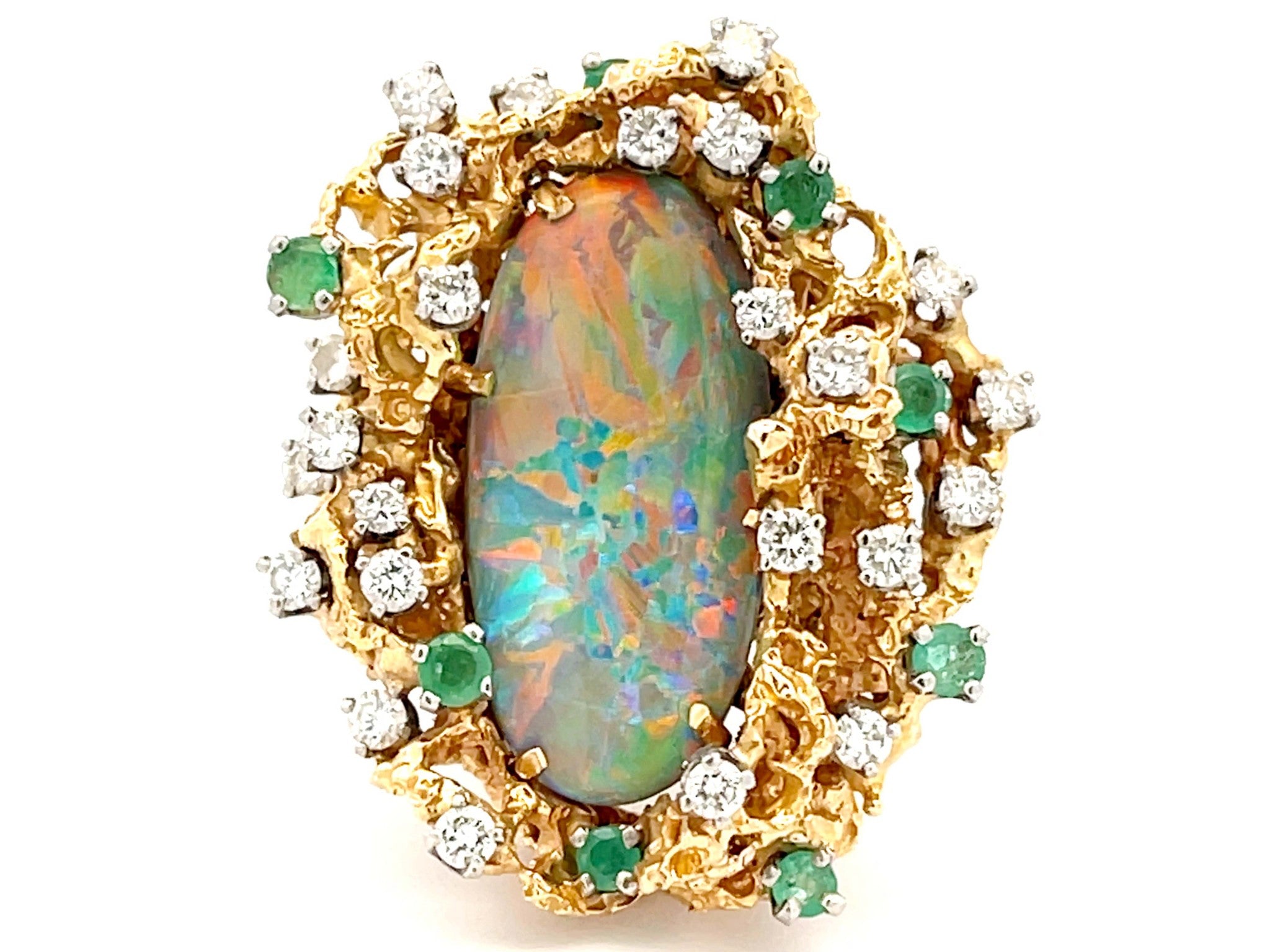 Large Australian Lightning Ridge Opal, Emerald, Diamond Ring in 14k Yellow Gold