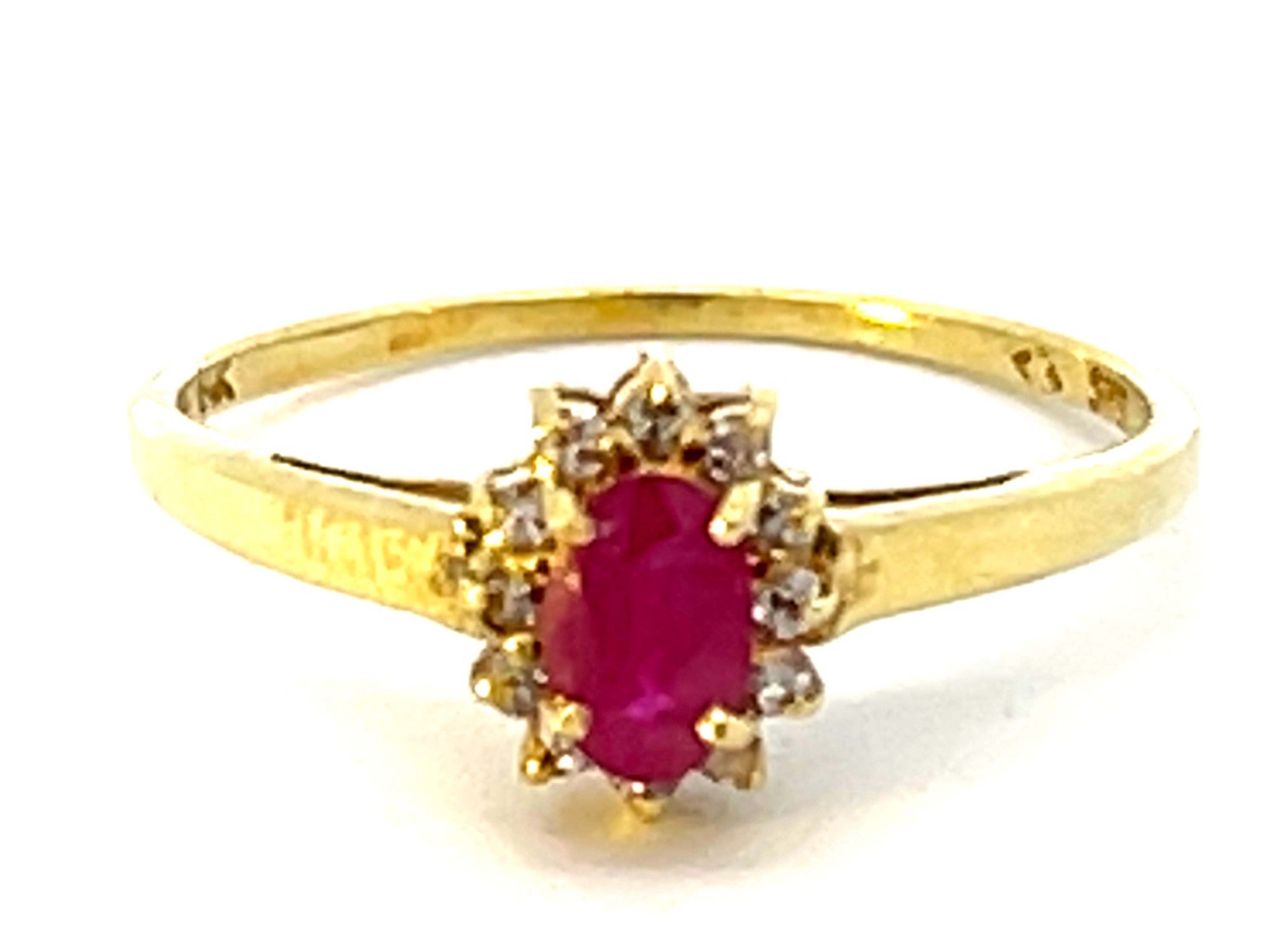 Red Ruby and Diamond Halo Ring in 14k Yellow Gold
