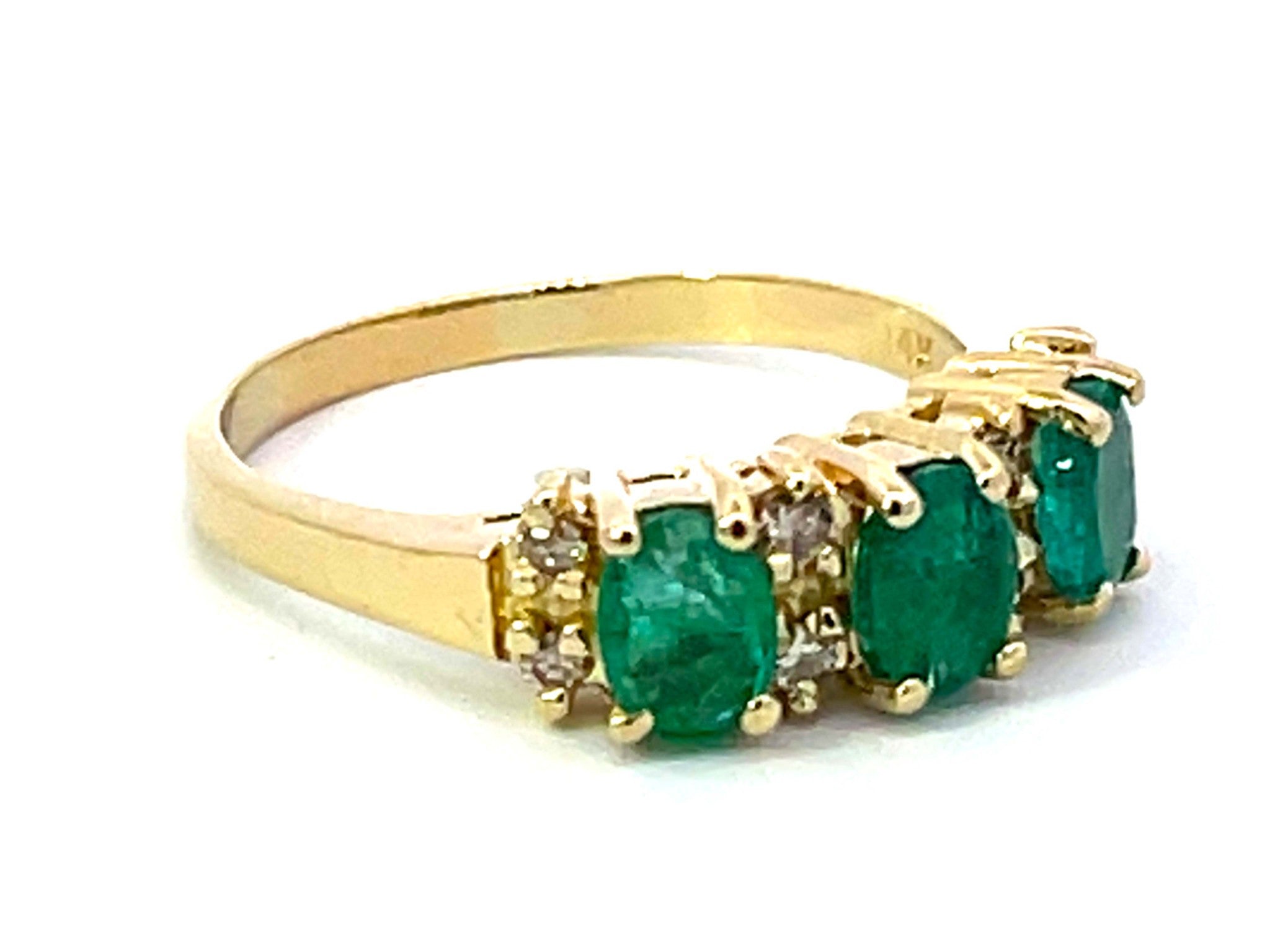 3 Oval Green Emerald and Diamond Band Ring in 14k Yellow Gold