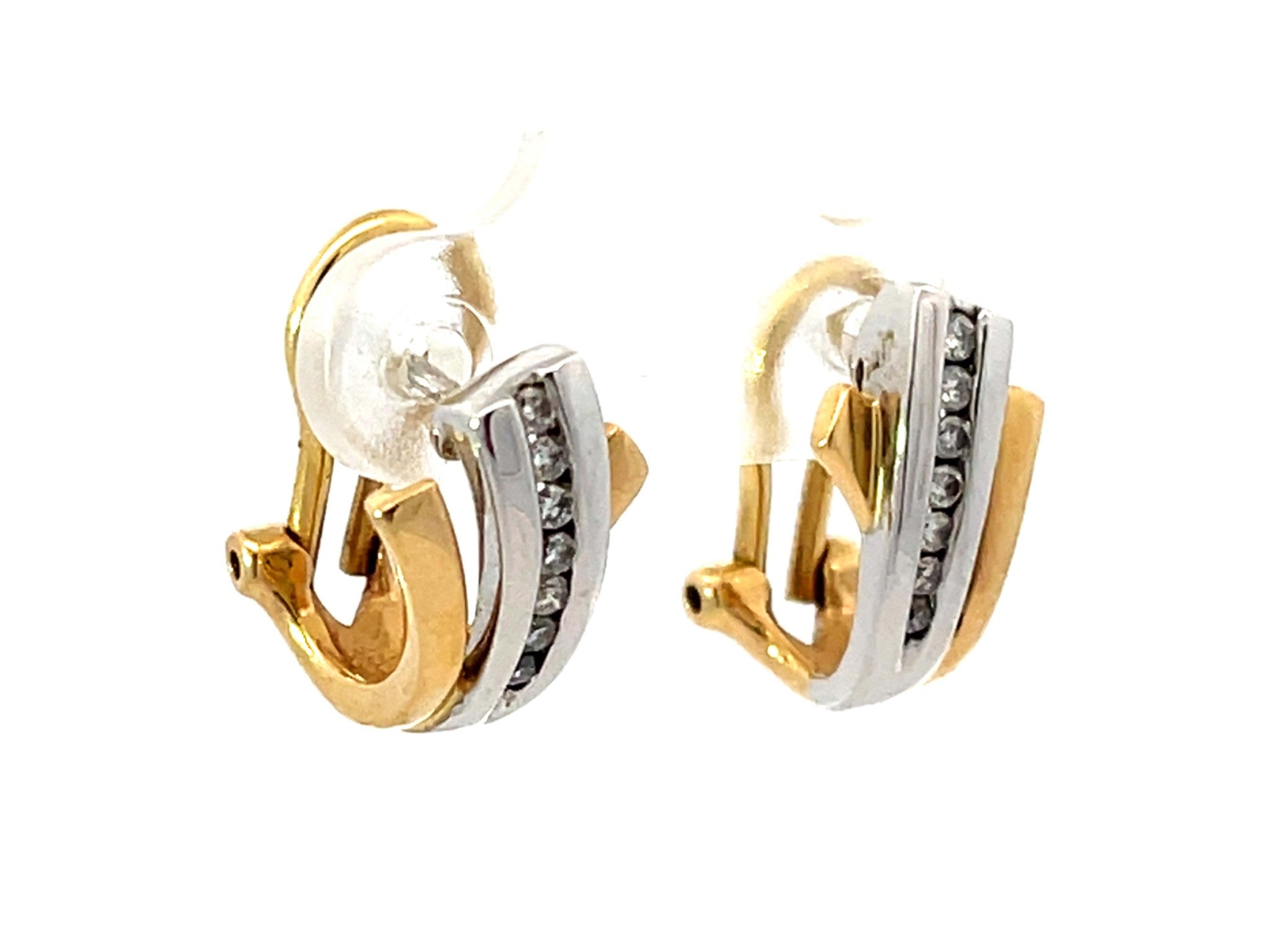 Two Toned Diamond Omega Back Earrings 14K Gold
