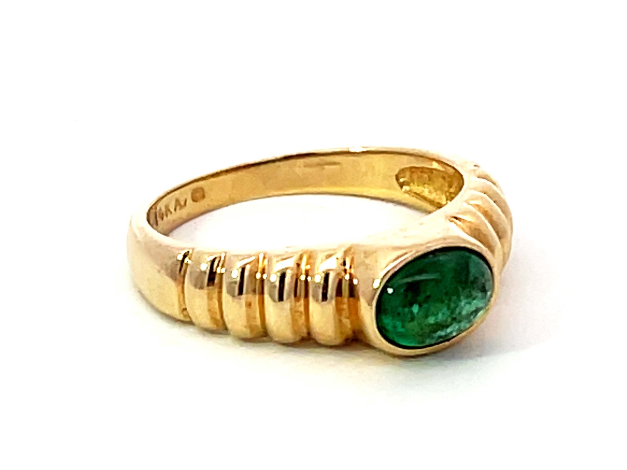 Oval Cabochon Green Emerald Ribbed Band Ring 14k Yellow Gold
