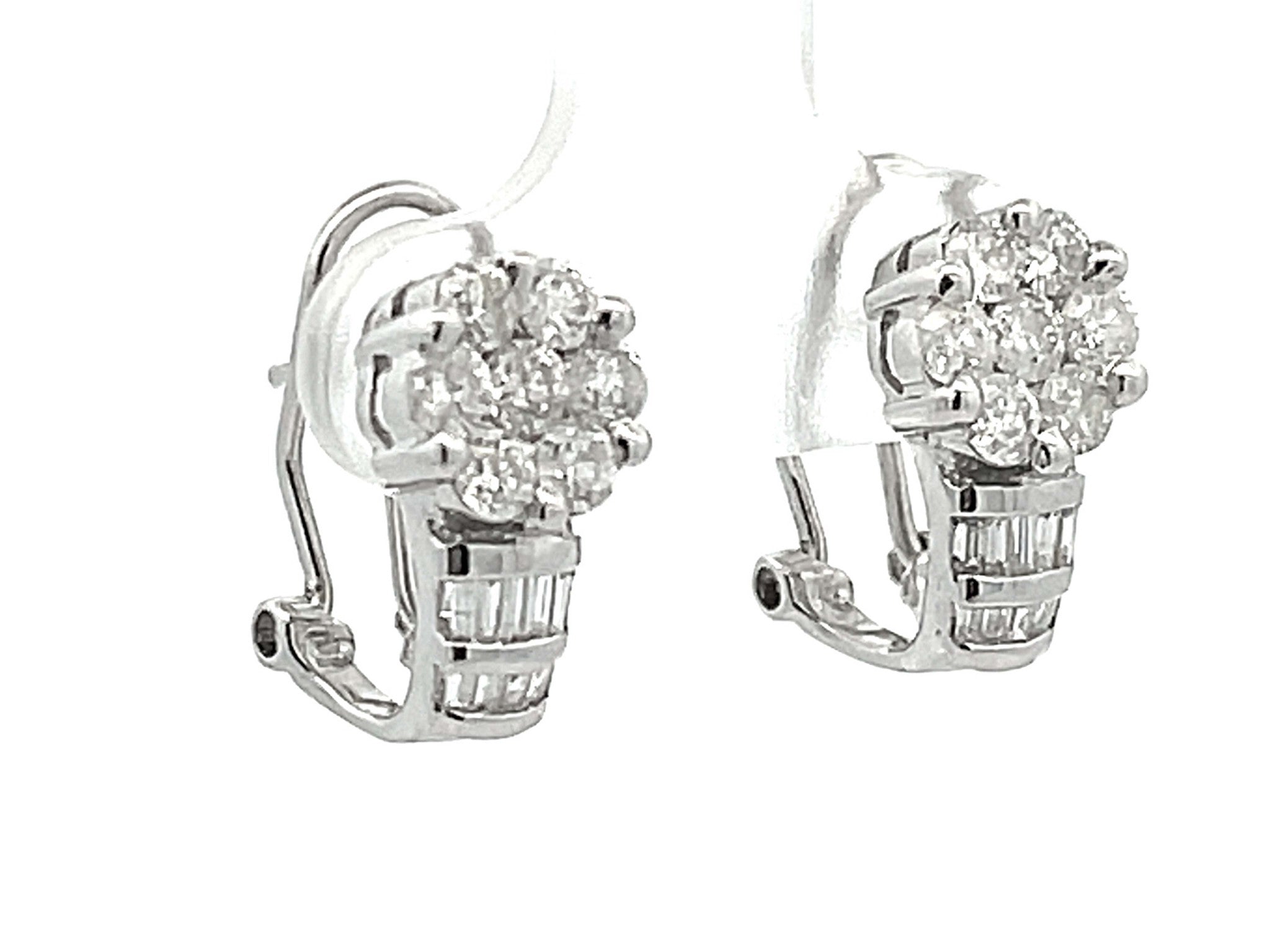 Baguette and Round Brilliant Diamond Flower Huggie Earrings in 14K White Gold