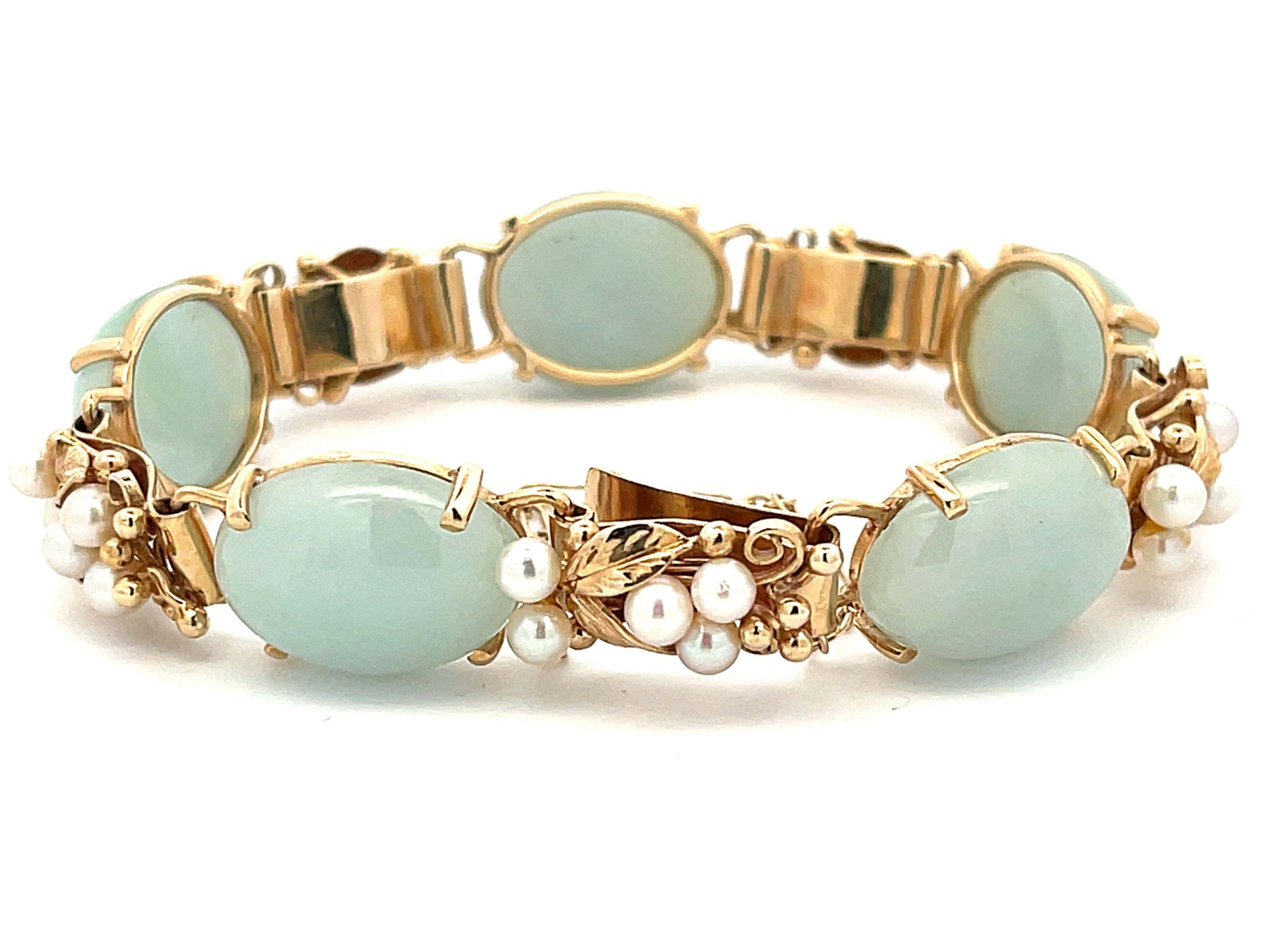 Mings Hawaii Oval Jade and Pearl Leaf Bracelet in 14K Yellow Gold