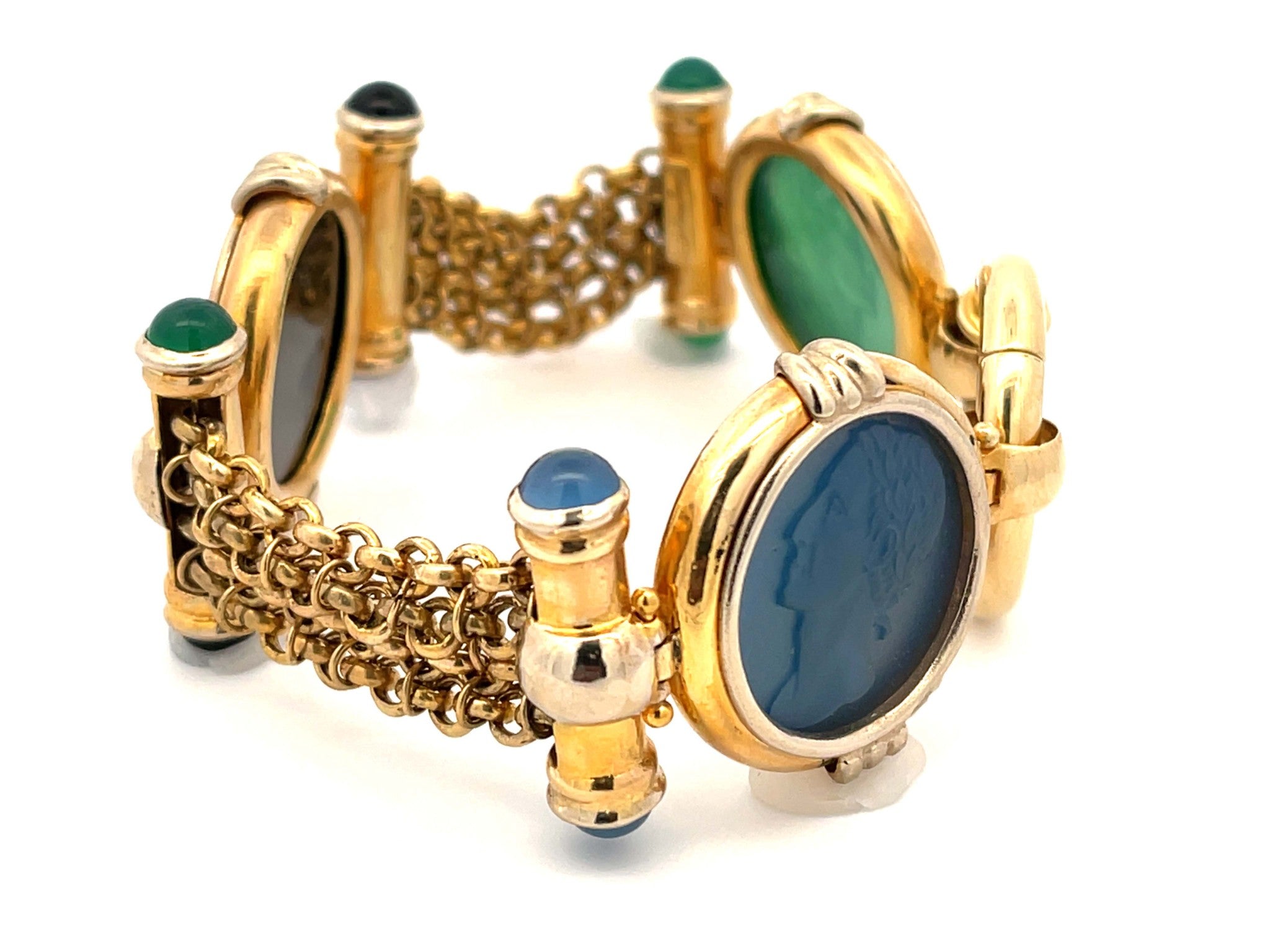 Three Agate Heads Wide Chain Link Bracelet in 14k Yellow Gold