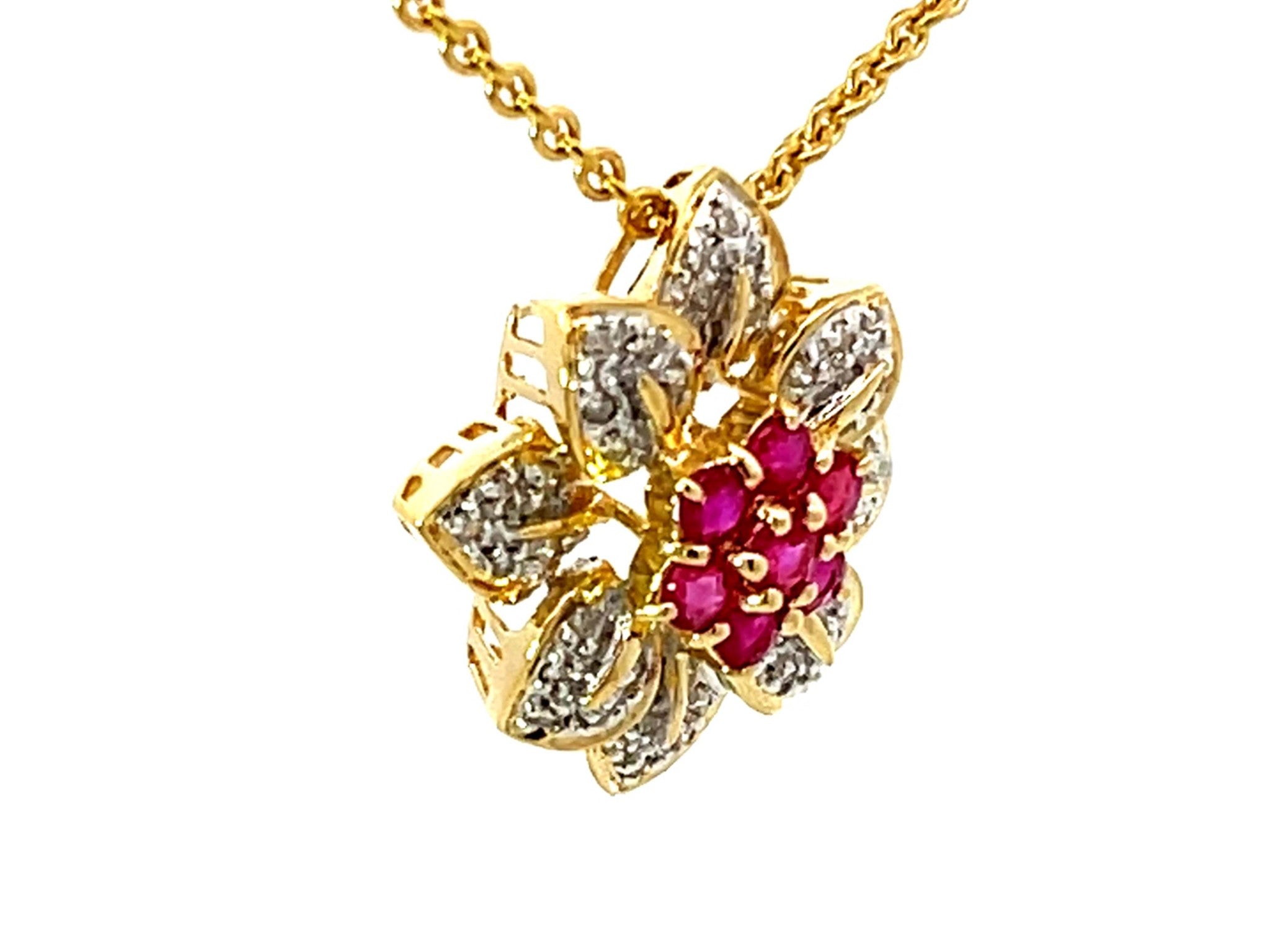 Ruby and Diamond Flower Necklace Solid 18k Yellow Gold