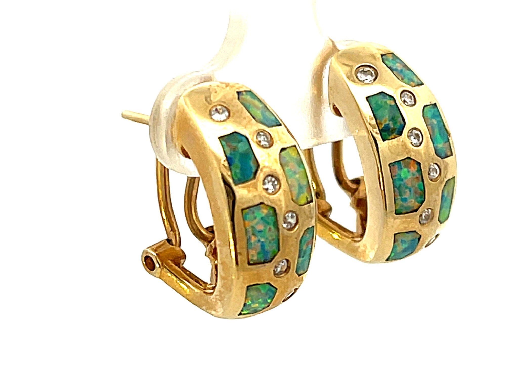 Opal Inlay and Diamond Huggie Earrings in 14k Yellow Gold