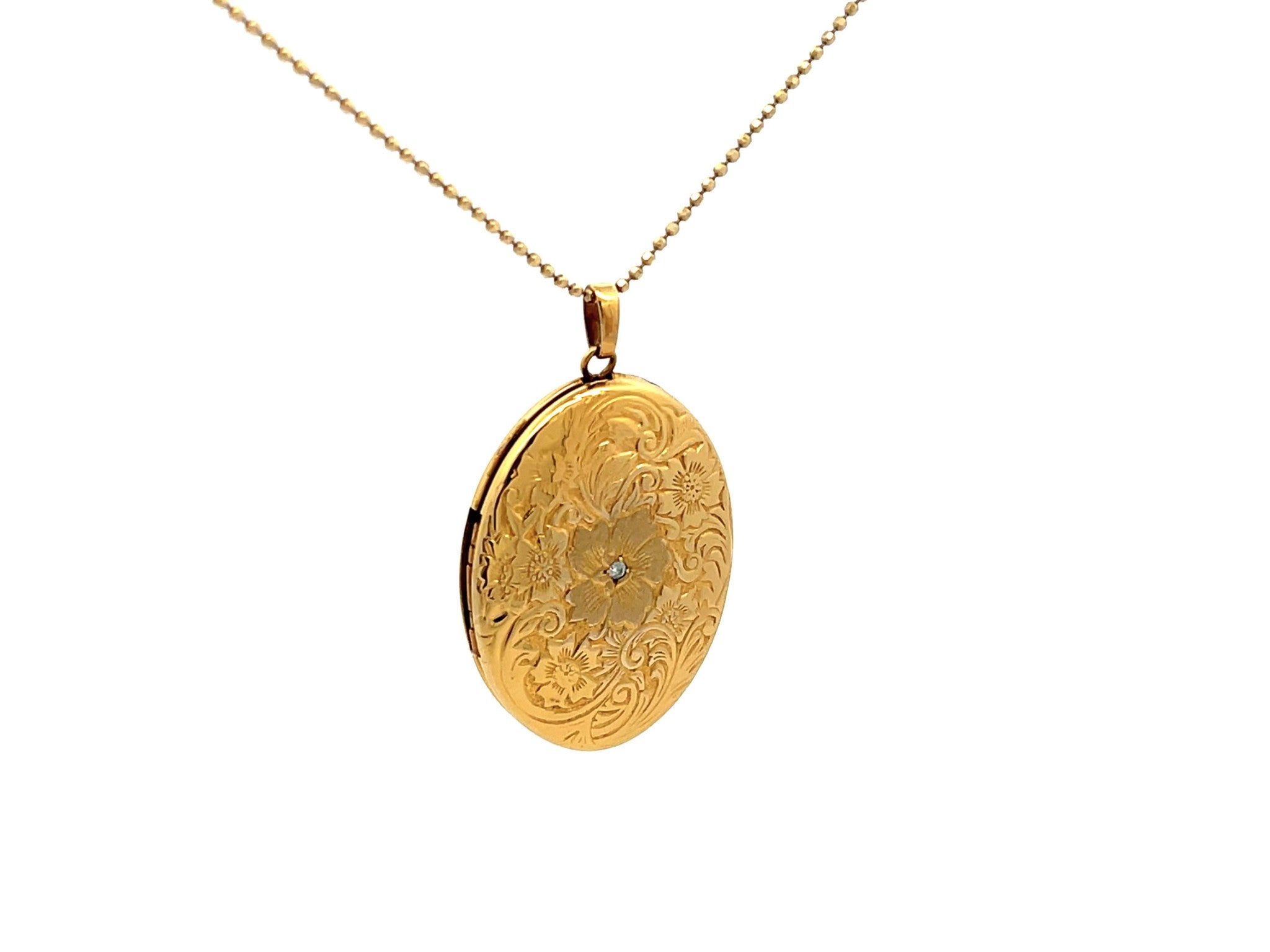 Engraved Diamond Plumeria Oval Locket Necklace in 14k Yellow Gold