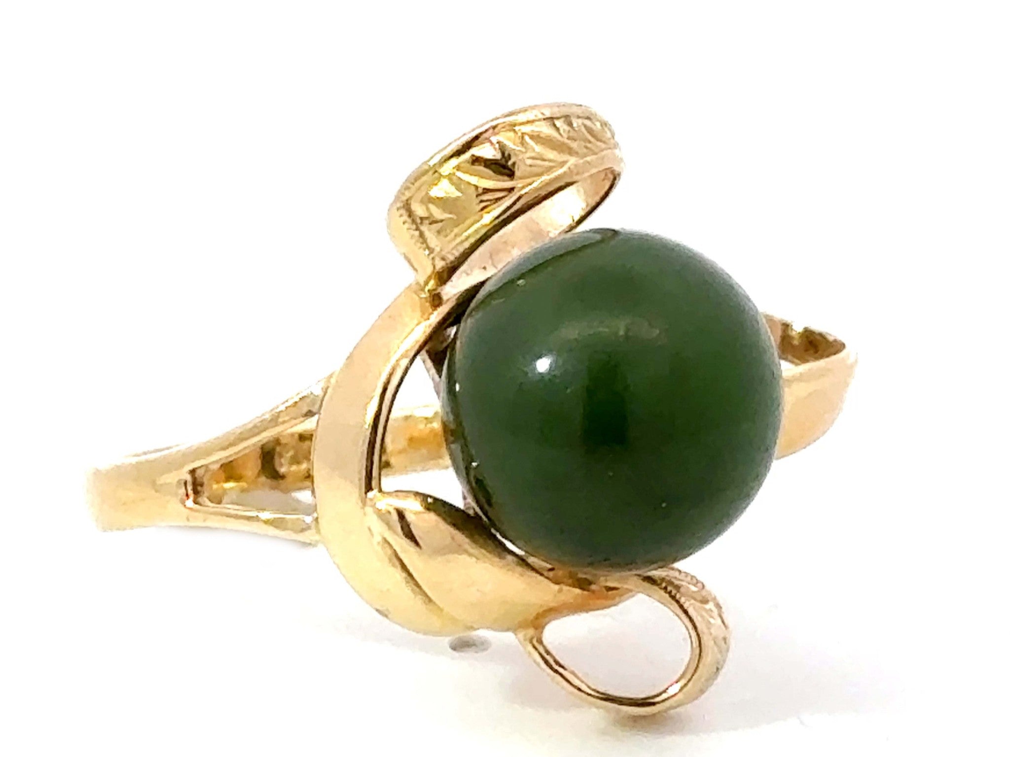 Olive Green Jade Bead Ring 18k Yellow Gold