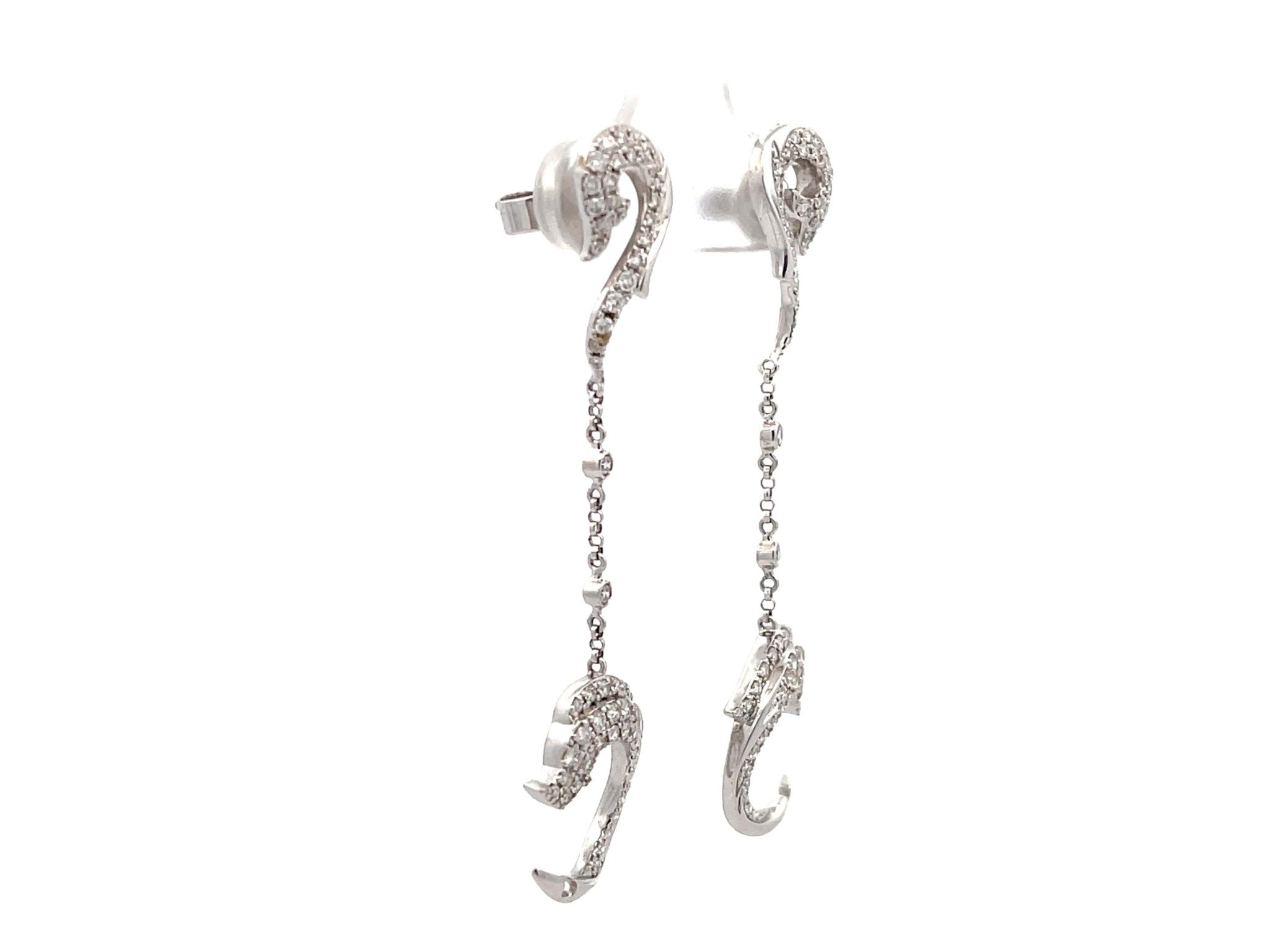 Diamond Dolphin Dangly Drop Earrings 18K Solid White Gold