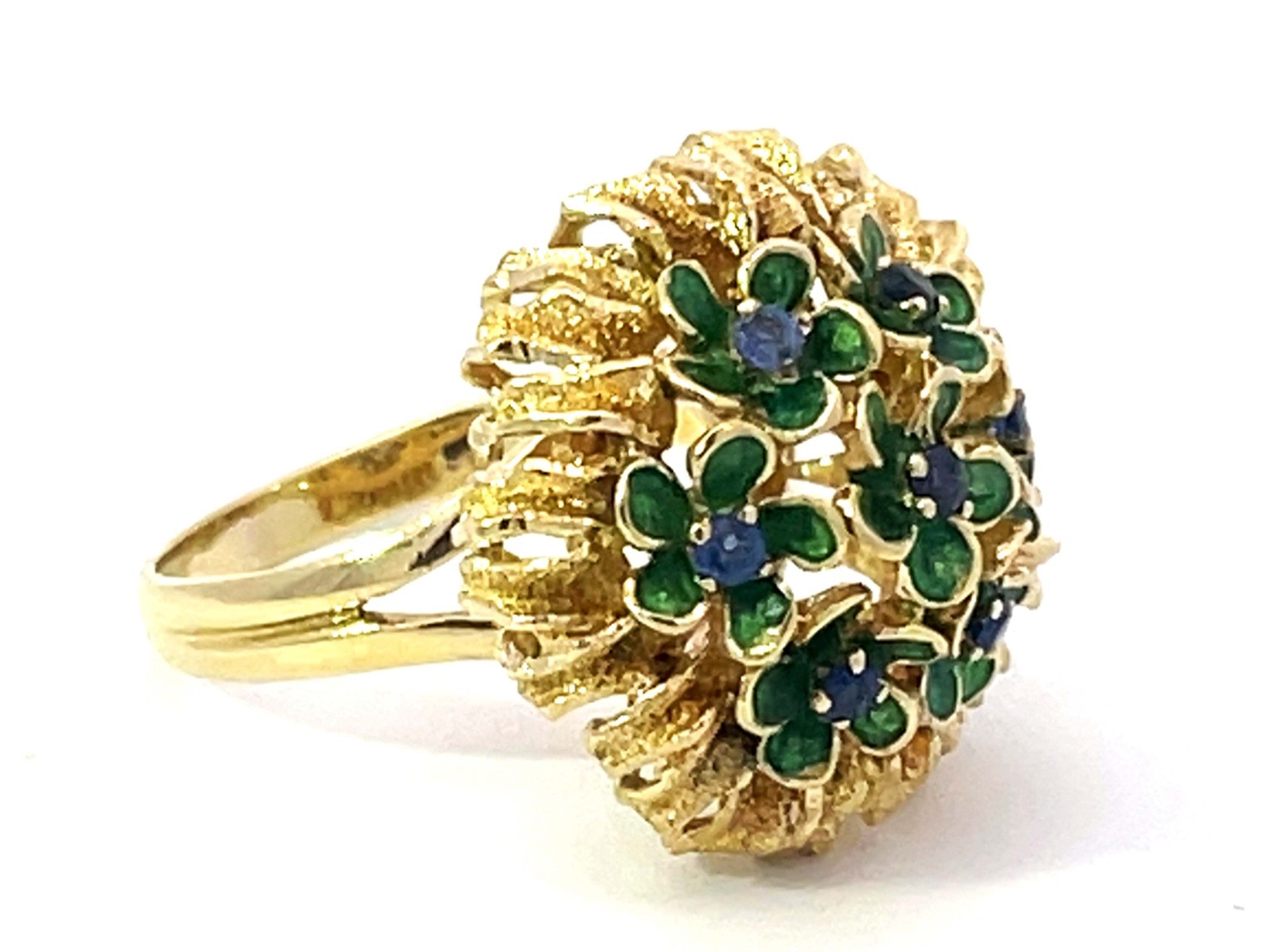 Sapphire Green Enamel Flowers Flower Ring Solid 18k Yellow Gold