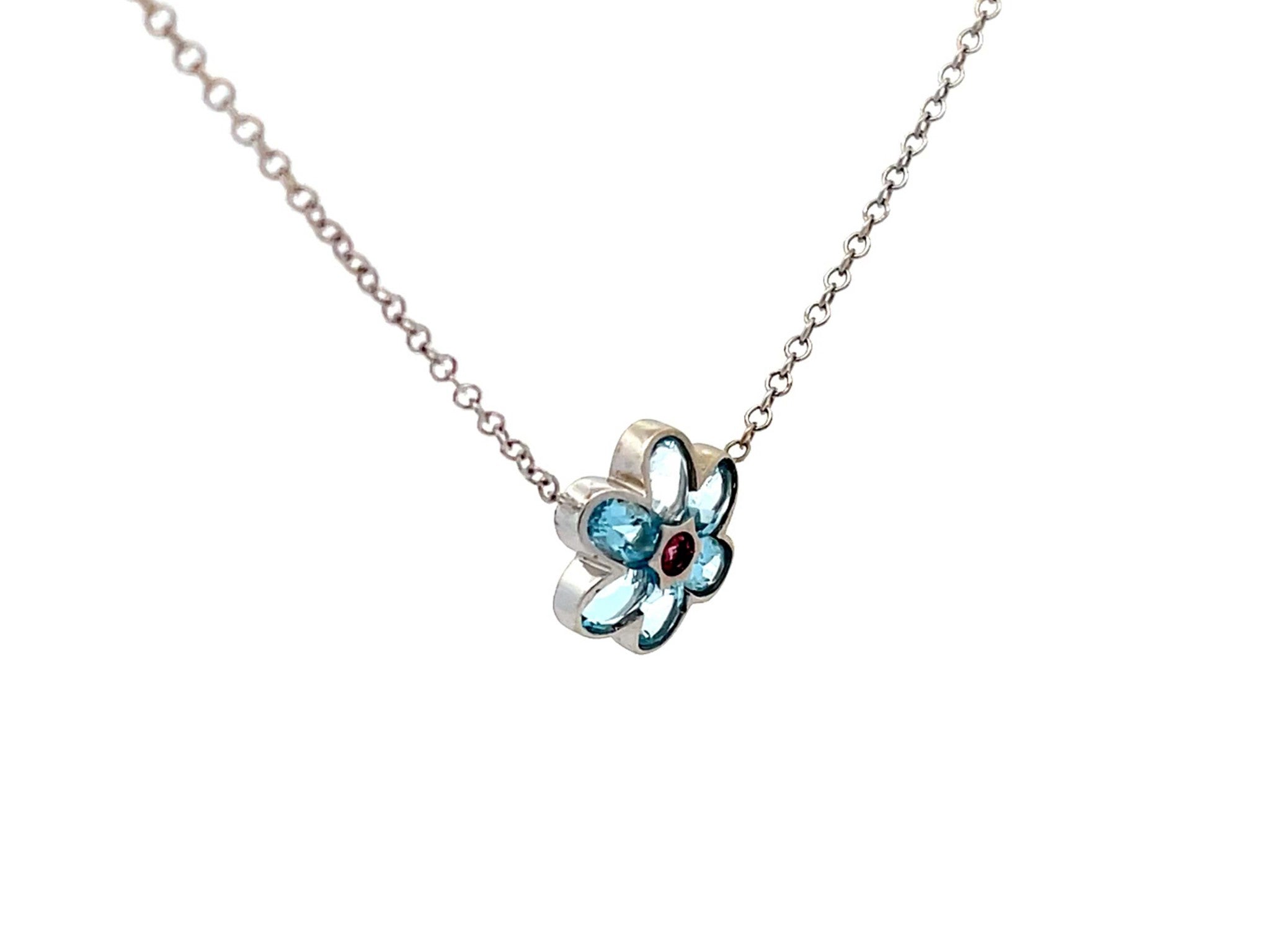 Blue Topaz and Pink Tourmaline Flower Necklace in 14k White Gold