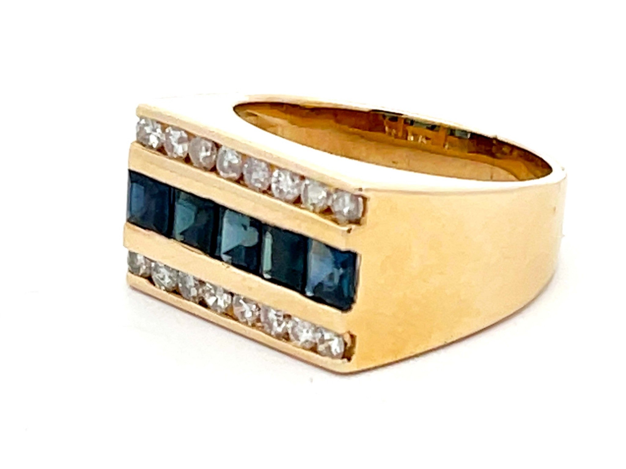 Mens Sapphire and Diamond Row Ring in 14k Yellow Gold