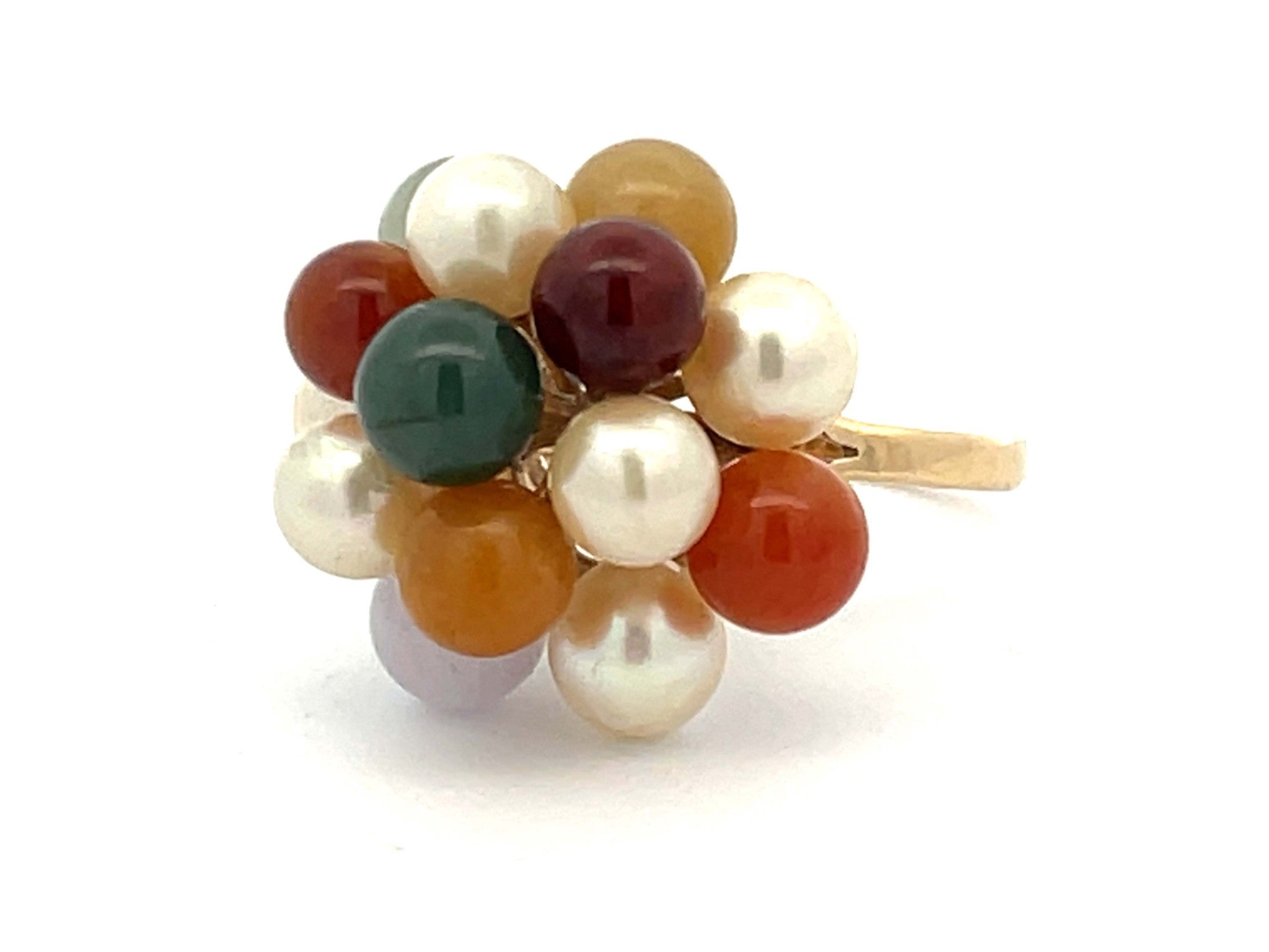 Mings Pearl and Colorful Jade Ring in 14k Yellow Gold