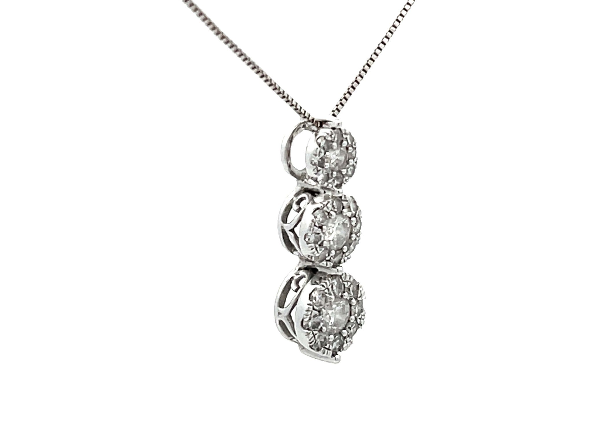 Three Diamond Halo Drop Necklace in 14k White Gold