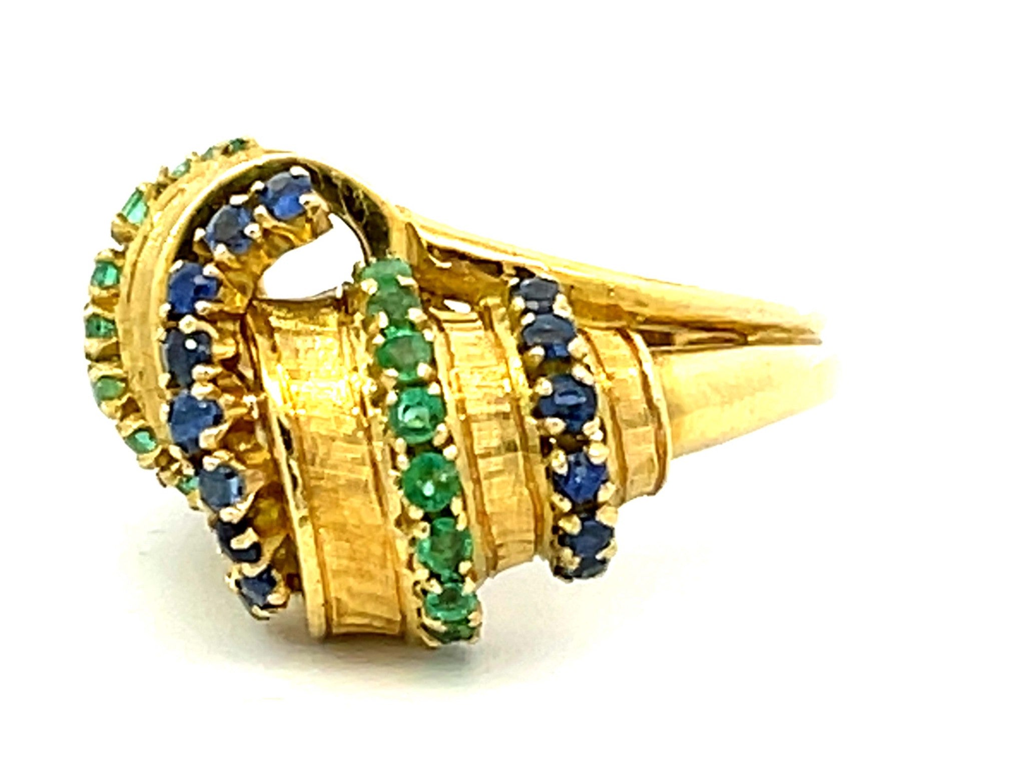 Alternating Sapphire and Emerald Rows Vintage Ring in 18k Yellow Gold