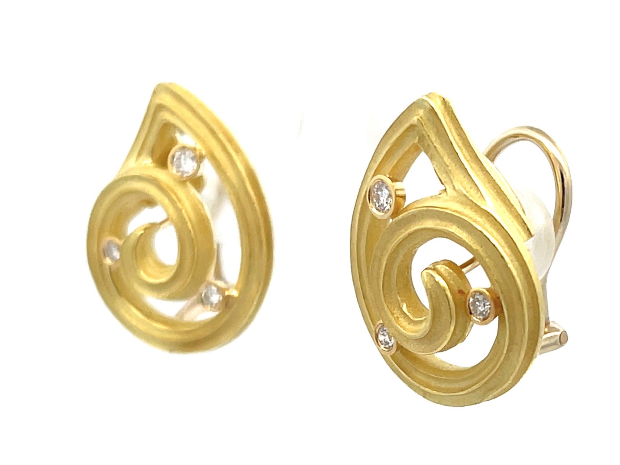 Diamond Swirl Frosted Finish Earrings in 14k Yellow Gold
