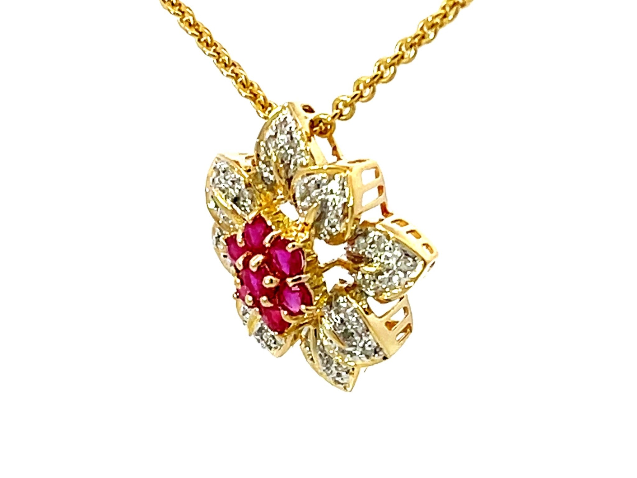 Ruby and Diamond Flower Necklace Solid 18k Yellow Gold