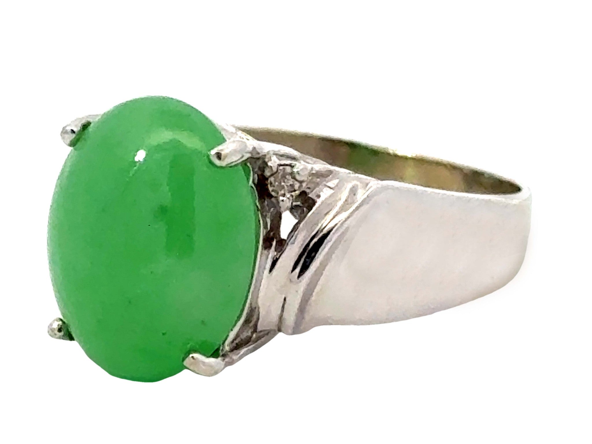 Oval Green Jade Cabochon Diamond Ring 14k White Gold