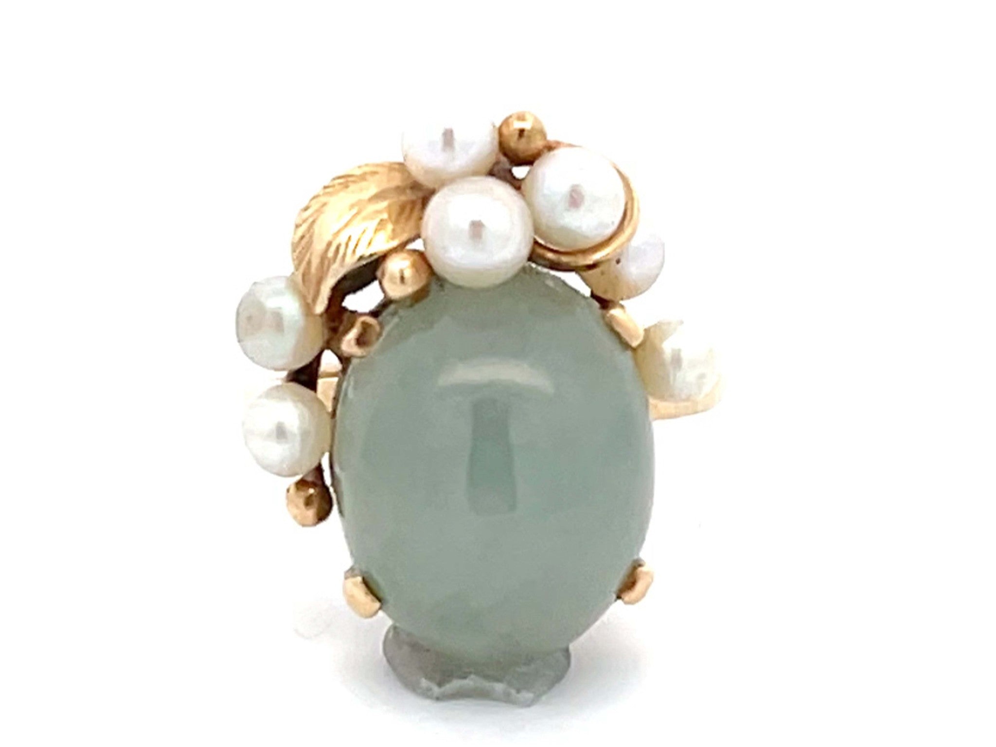 Mings Round Green Jade and Pearl Leaf Ring in 14k Yellow Gold