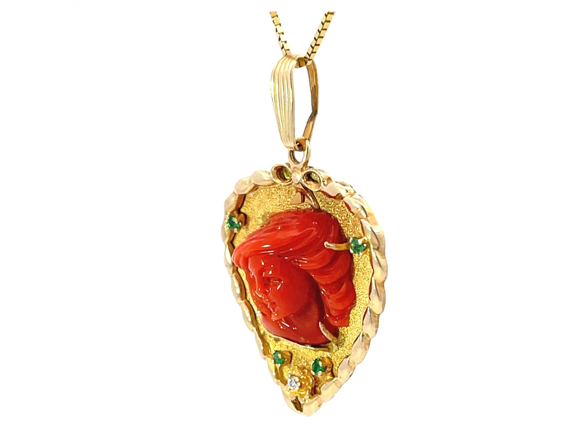 Ariel Carved Red Coral Emerald Shell Necklace Solid 14K Yellow Gold